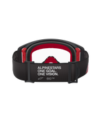 Masque Alpinestars Supertech Corp, masque de motocross, noir et rouge avec écran clair, vue arrière montrant le large bandeau noir avec l'inscription blanche 'ALPINESTARS ONE GOAL. ONE VISION.', mousse faciale multicouche et détails de monture rouges