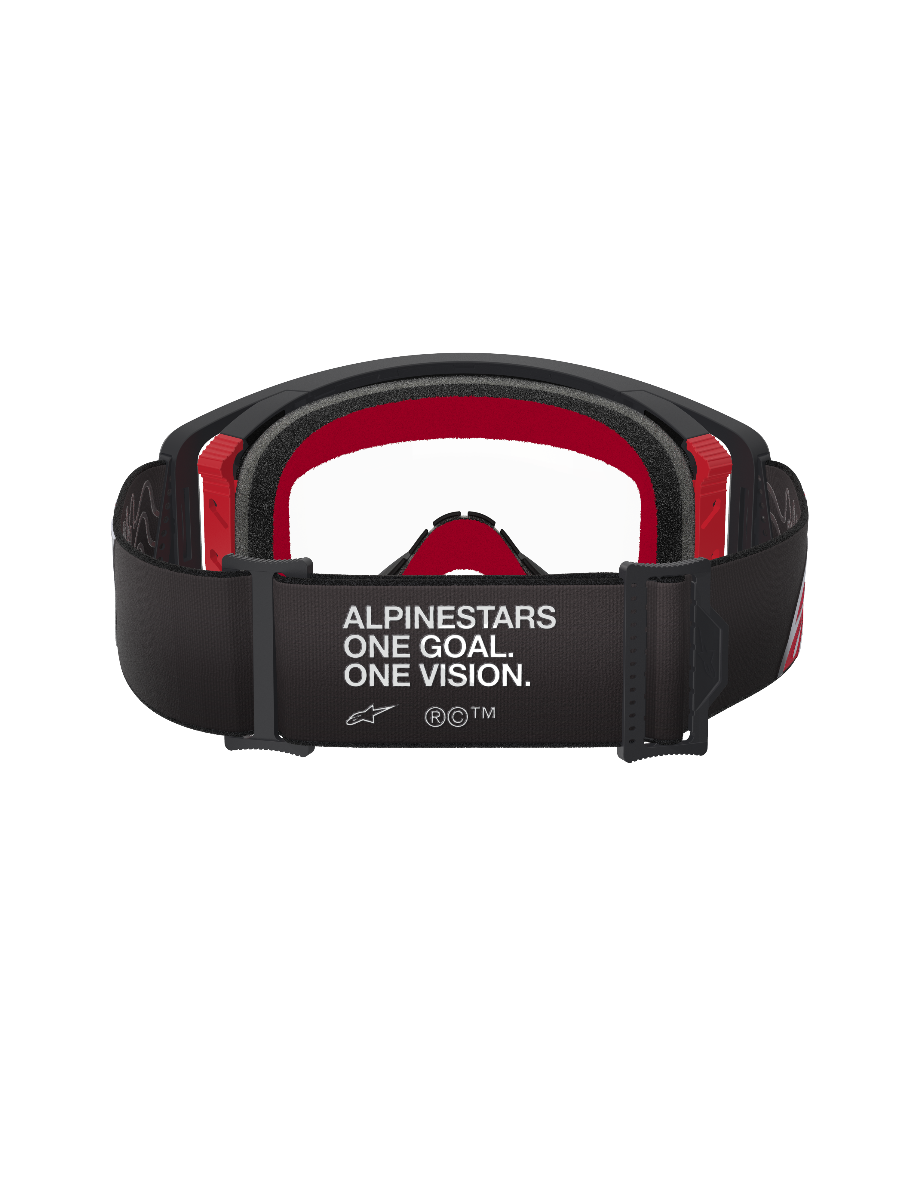 Masque Alpinestars Supertech Corp, masque de motocross, noir et rouge avec écran clair, vue arrière montrant le large bandeau noir avec l'inscription blanche 'ALPINESTARS ONE GOAL. ONE VISION.', mousse faciale multicouche et détails de monture rouges