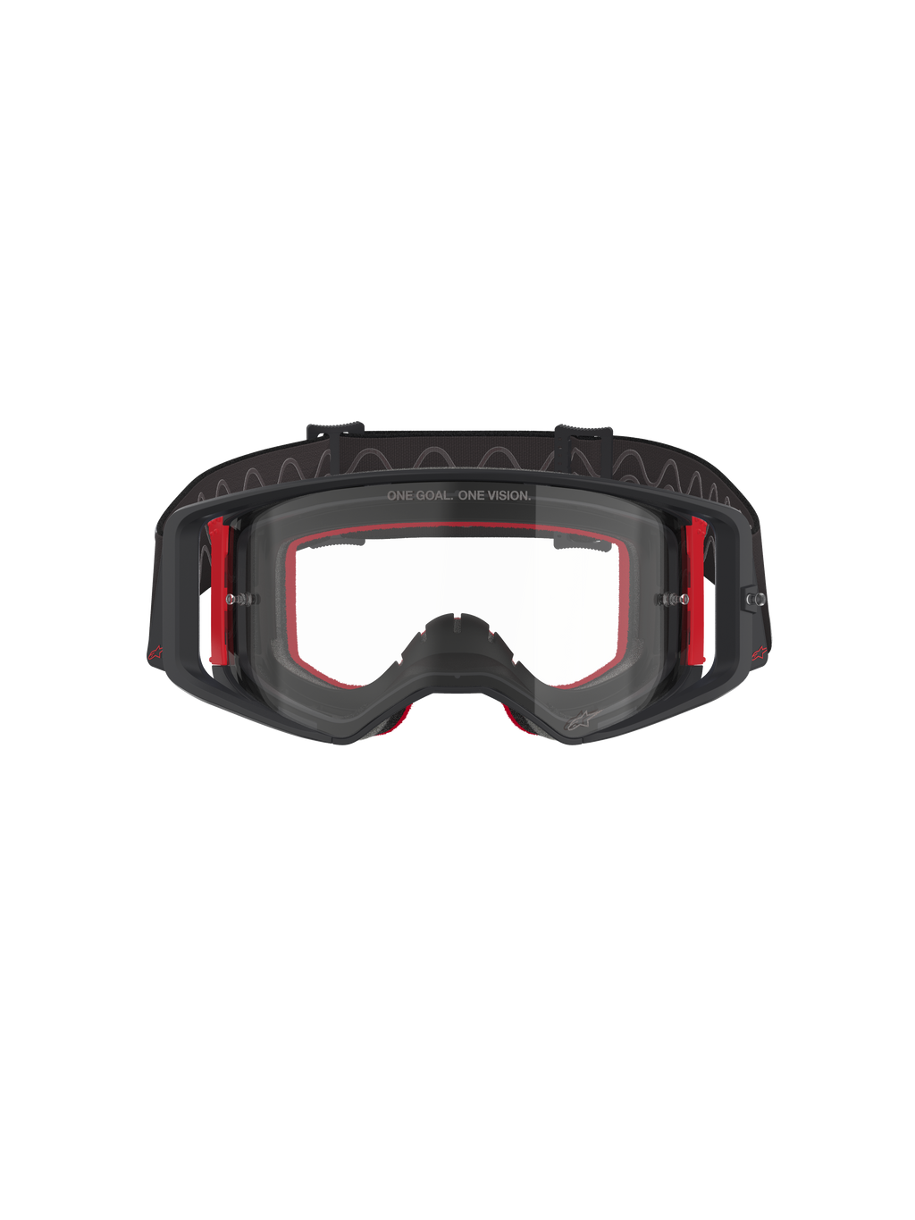 Alpinestars Supertech Corp Goggles, masque de motocross, noir, rouge et transparent, vue de face, écran transparent avec le texte 'ONE GOAL. ONE VISION.', monture noire avec accents latéraux rouges, large champ de vision, bandeau robuste avec grip en silicone ondulé