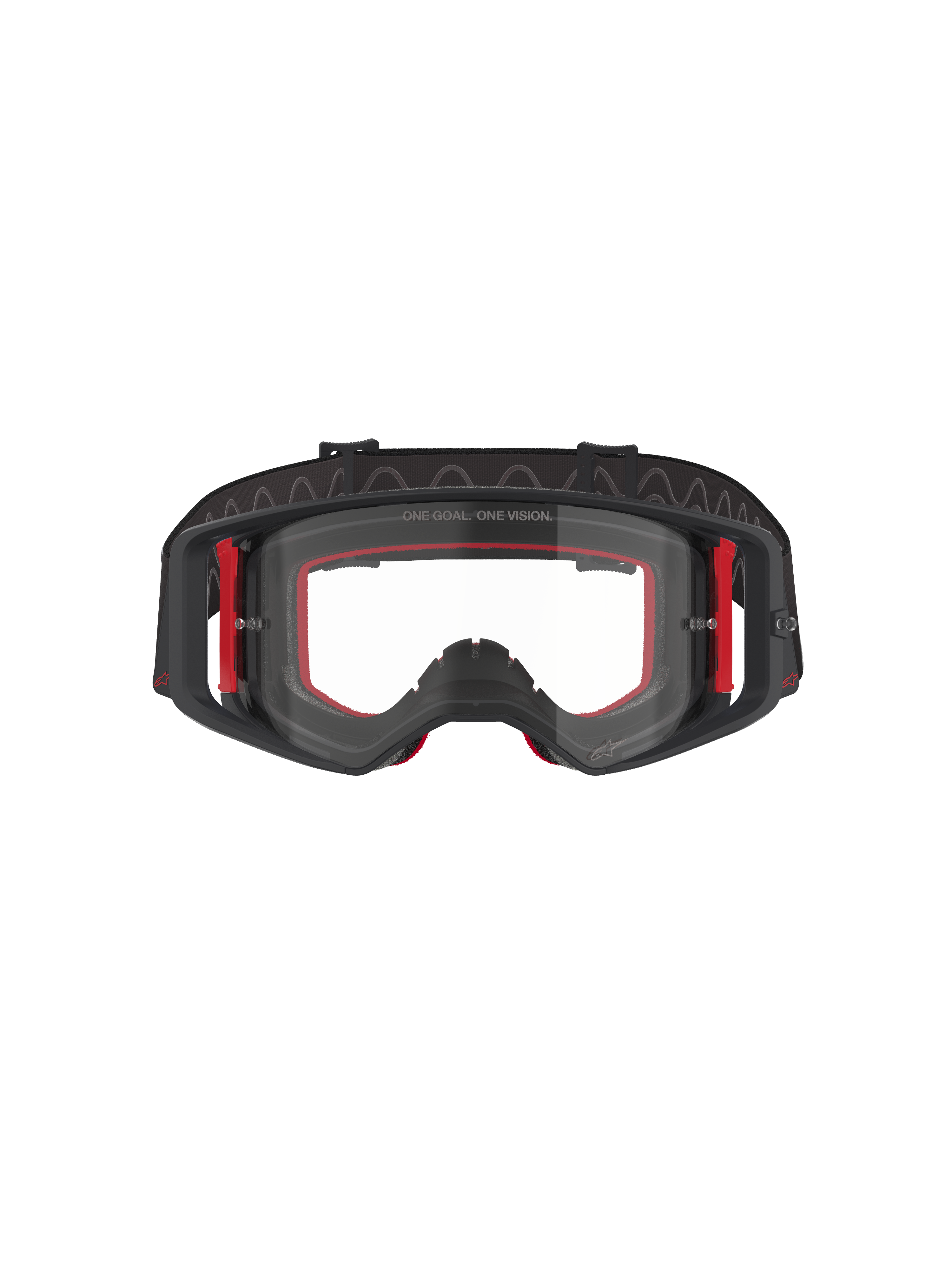 Alpinestars Supertech Corp Goggles, masque de motocross, noir, rouge et transparent, vue de face, écran transparent avec le texte 'ONE GOAL. ONE VISION.', monture noire avec accents latéraux rouges, large champ de vision, bandeau robuste avec grip en silicone ondulé