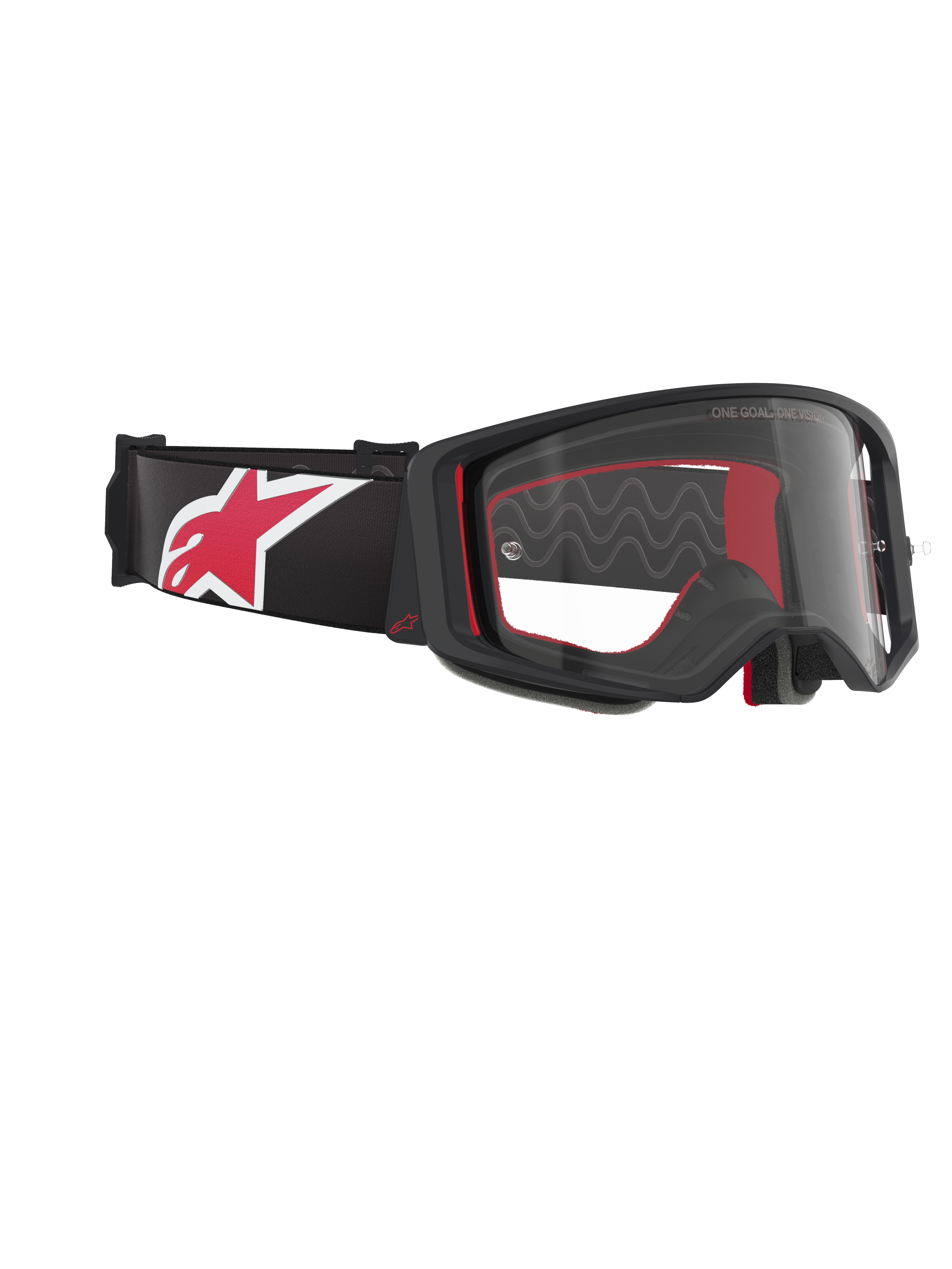 Lunettes Alpinestars Supertech Corp, masque de motocross, noir, rouge et transparent, vue latérale présentant un écran clair et une monture noire, rembourrage intérieur rouge, bandeau noir avec un grand logo Alpinestars rouge et blanc, protection oculaire professionnelle tout-terrain