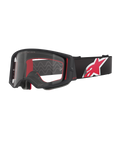 Masque Alpinestars Supertech Corp, monture noire et rouge avec écran clair, bandeau réglable noir avec un grand logo étoile rouge et blanc, protection oculaire professionnelle conçue pour le motocross et le tout-terrain