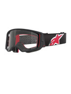 Masque Alpinestars Supertech Corp, monture noire et rouge avec écran clair, bandeau réglable noir avec un grand logo étoile rouge et blanc, protection oculaire professionnelle conçue pour le motocross et le tout-terrain