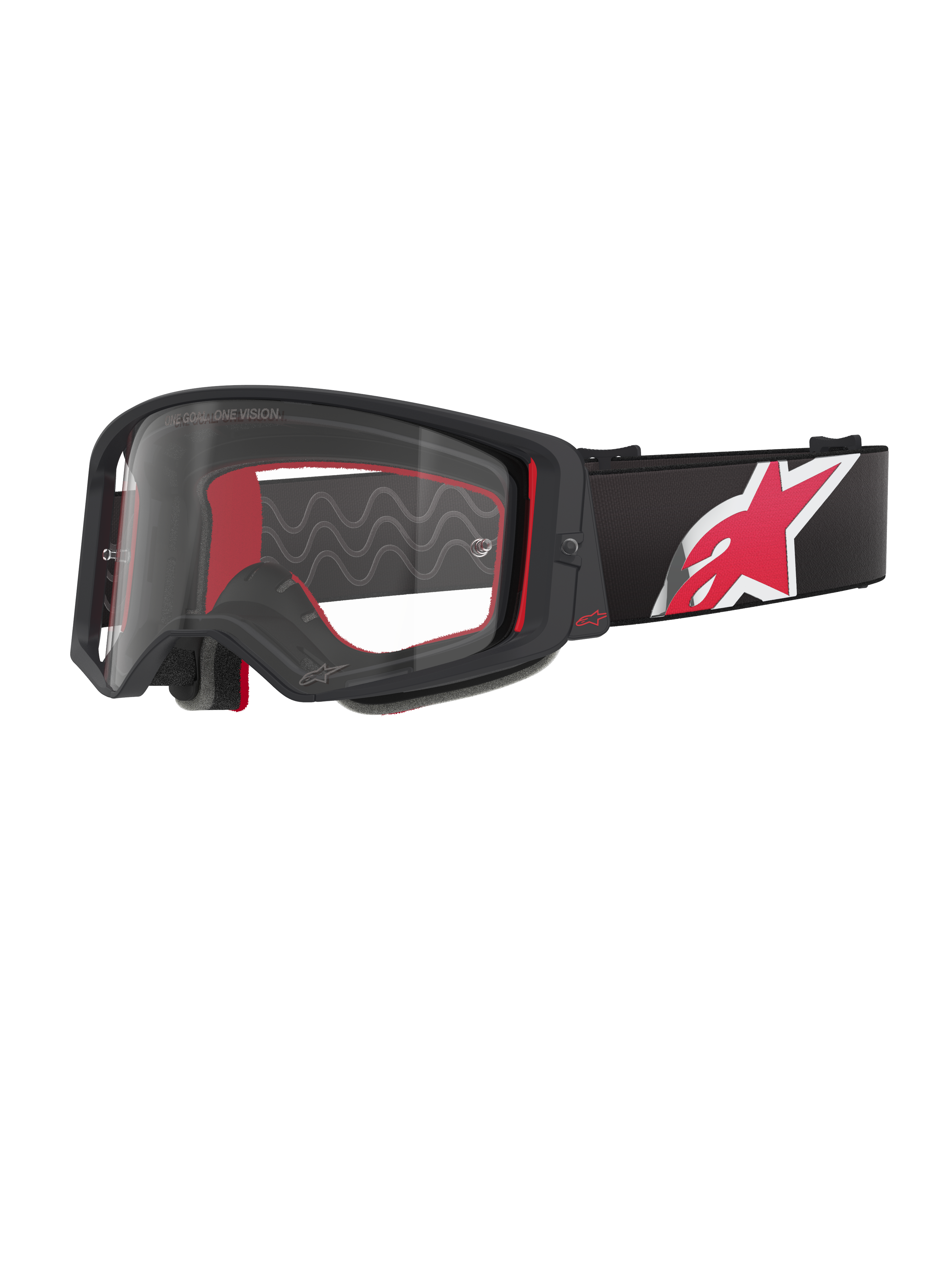 Masque Alpinestars Supertech Corp, monture noire et rouge avec écran clair, bandeau réglable noir avec un grand logo étoile rouge et blanc, protection oculaire professionnelle conçue pour le motocross et le tout-terrain