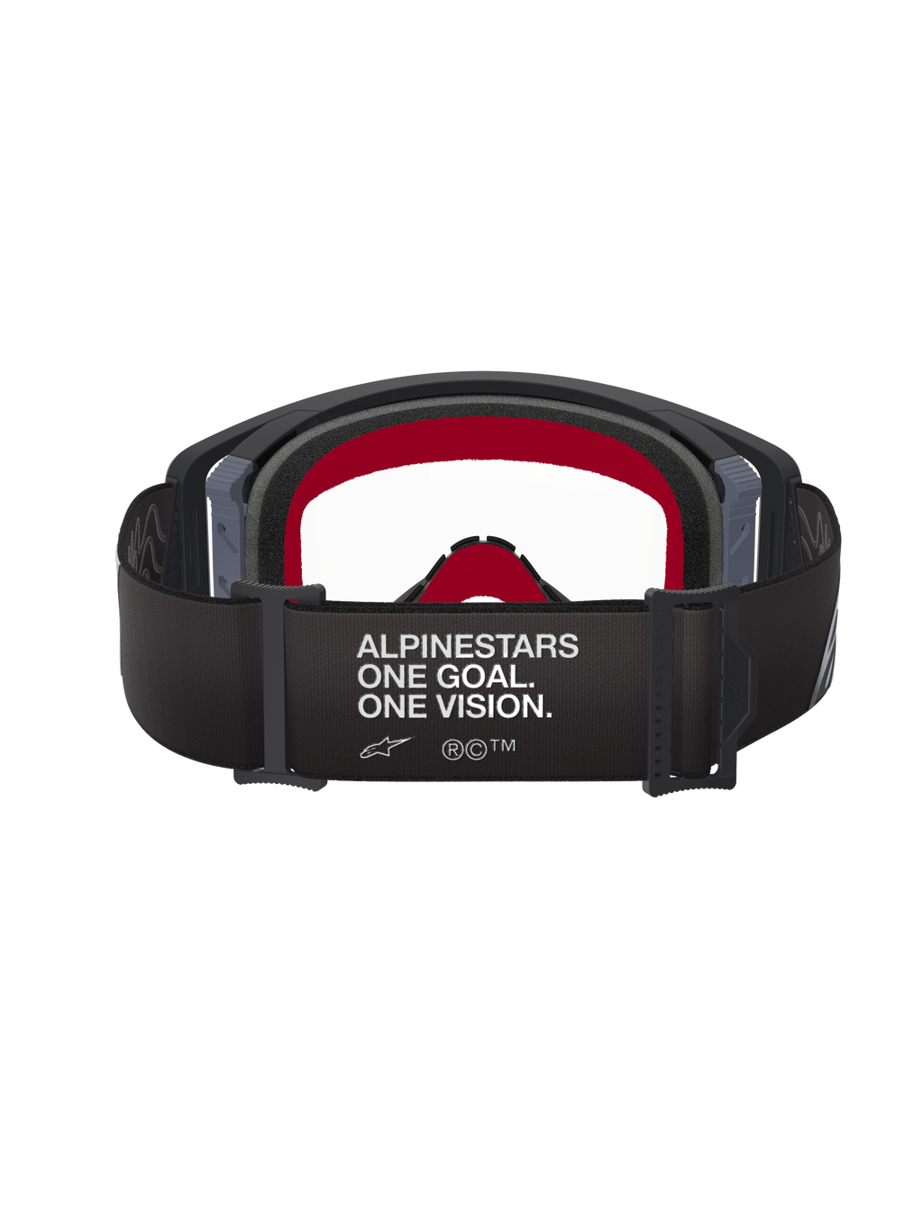 Lunettes Alpinestars Supertech Corp, lunettes de motocross, monture noire et grise avec écran clair, vue arrière avec bandeau noir arborant le slogan « ALPINESTARS ONE GOAL. ONE VISION. » et mousse faciale interne rouge