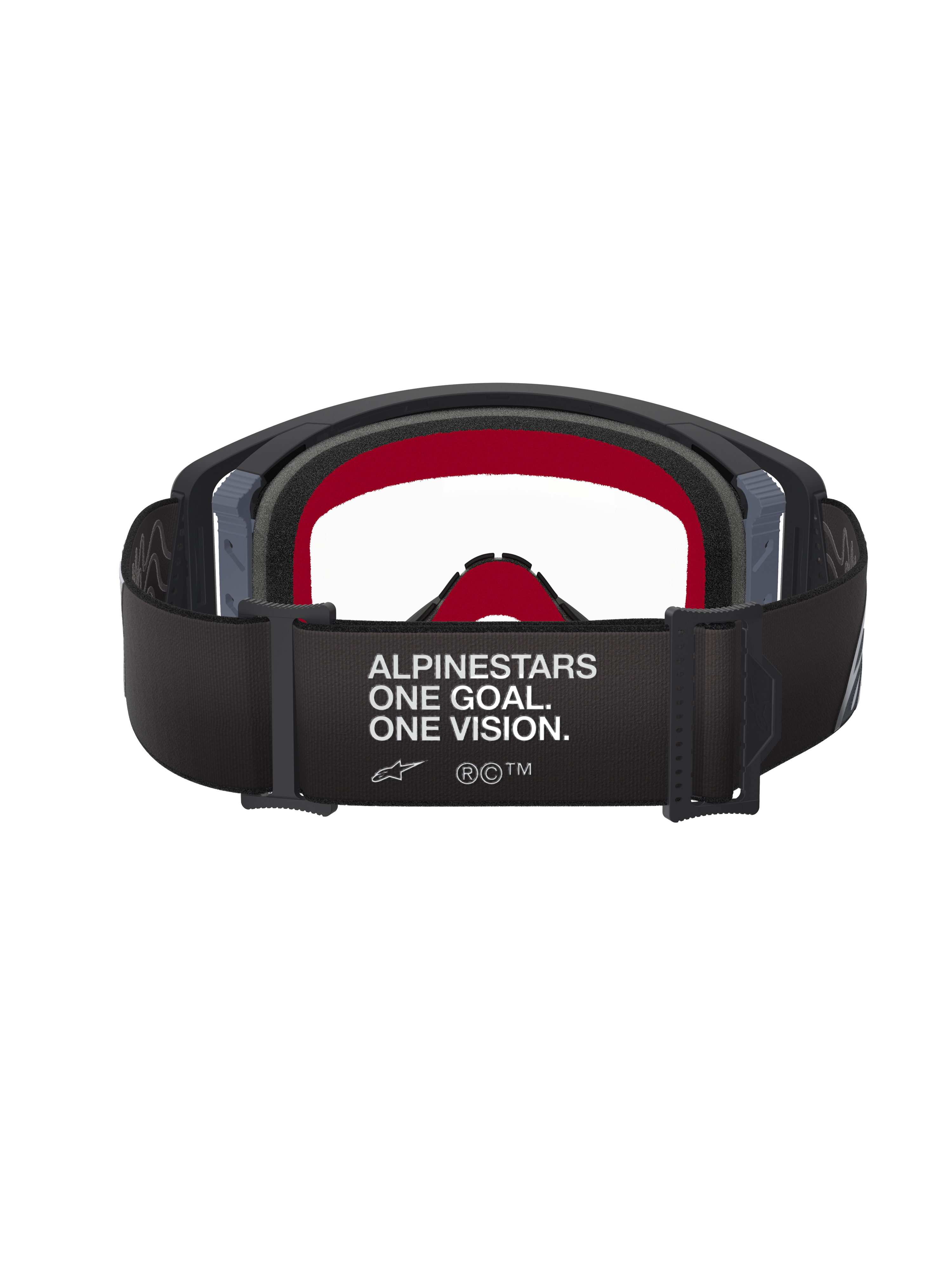 Lunettes Alpinestars Supertech Corp, lunettes de motocross, monture noire et grise avec écran clair, vue arrière avec bandeau noir arborant le slogan « ALPINESTARS ONE GOAL. ONE VISION. » et mousse faciale interne rouge