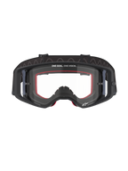 Masque Alpinestars Supertech Corp, lunettes de motocross, monture noire avec écran clair, mousse faciale interne rouge, inscription 'ONE GOAL. ONE VISION.' sur le haut de l'écran et bandeau noir avec revers en silicone, lunettes de course tout-terrain professionnelles