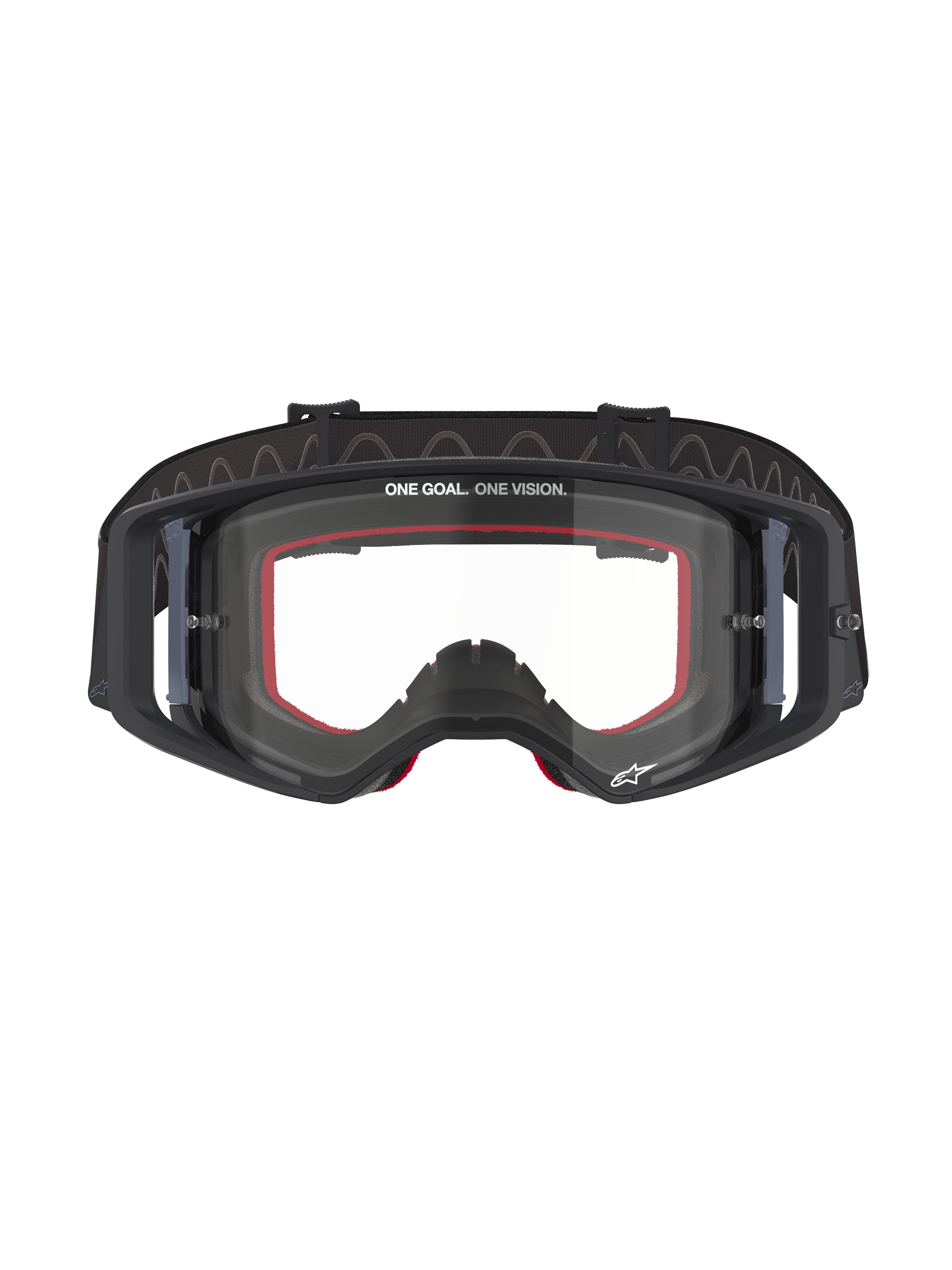 Masque Alpinestars Supertech Corp, lunettes de motocross, monture noire avec écran clair, mousse faciale interne rouge, inscription 'ONE GOAL. ONE VISION.' sur le haut de l'écran et bandeau noir avec revers en silicone, lunettes de course tout-terrain professionnelles