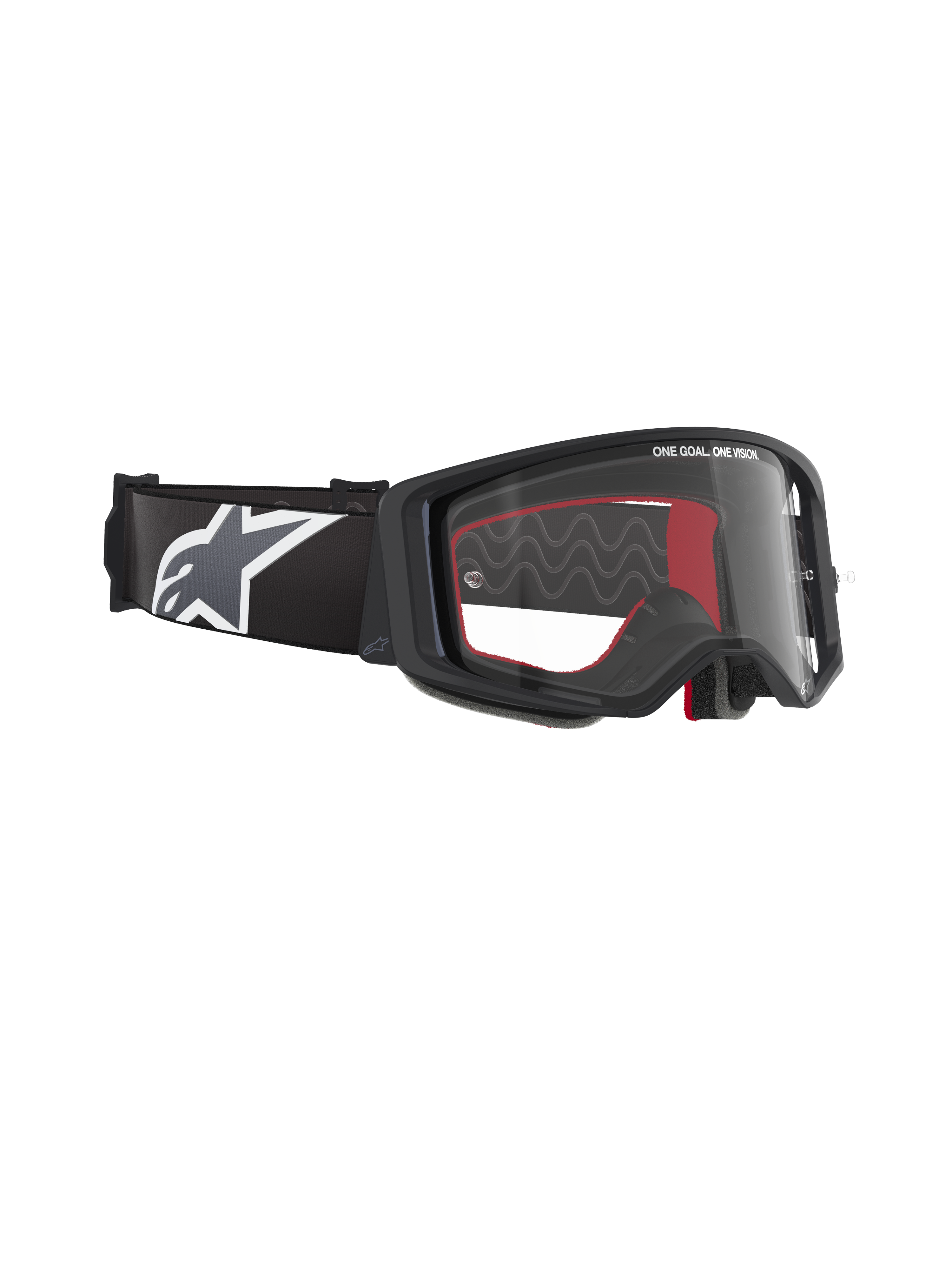 Masque de motocross Alpinestars Supertech Corp, monture noire avec écran clair, bandeau noir réglable avec grand logo étoile Alpinestars blanc, accents intérieurs en mousse rouge, protection oculaire professionnelle pour le tout-terrain
