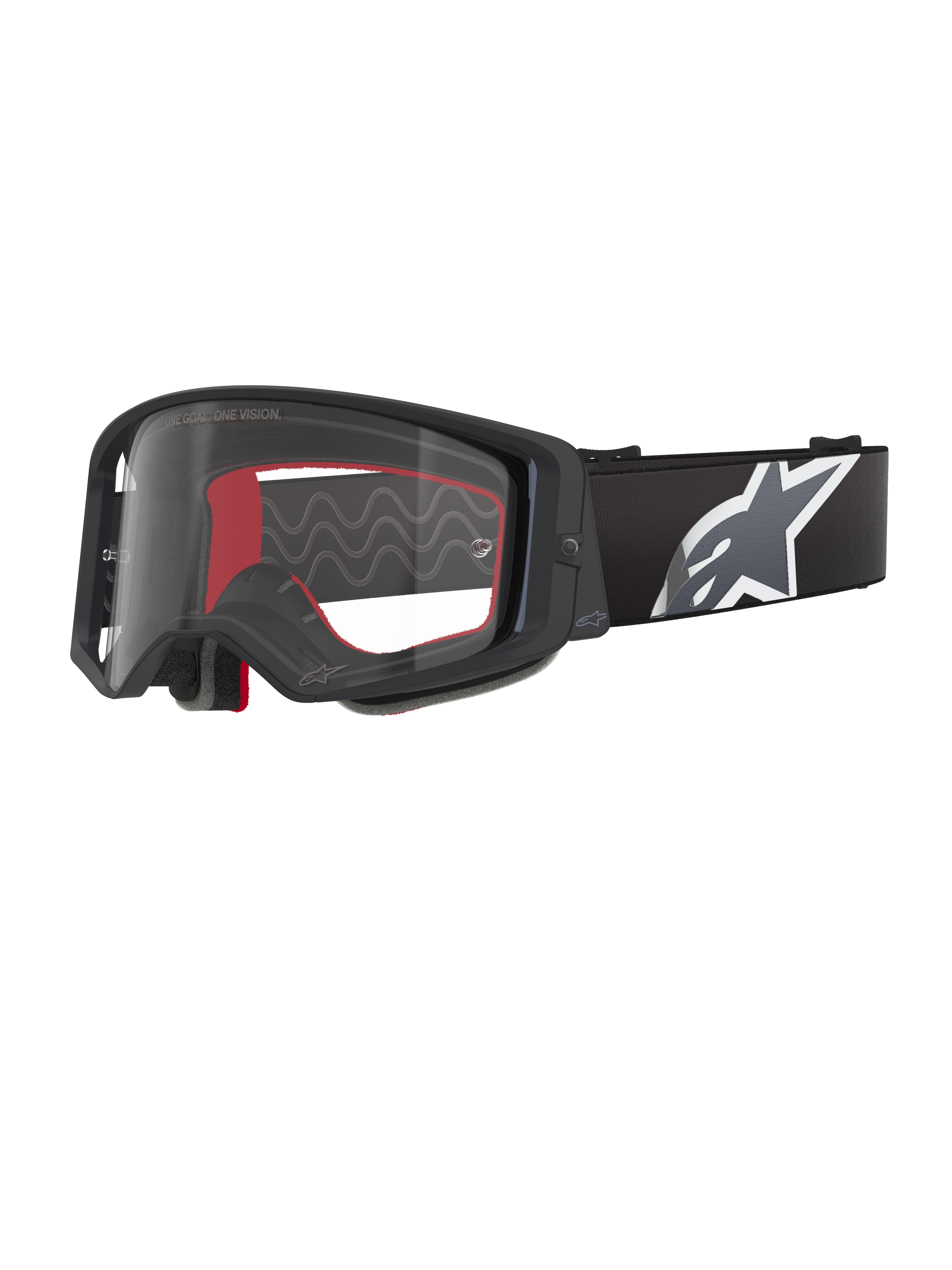 Alpinestars Supertech Corp Goggles, Motocross Goggles, Black Grey and Clear, clear polycarbonate lens with black frame, red internal face foam, wide adjustable strap with large white and grey Astars logo, protective off-road eyewear