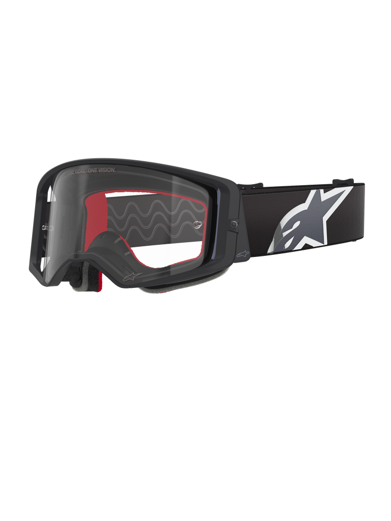Alpinestars Supertech Corp Goggles, Motocross Goggles, Black Grey and Clear, clear polycarbonate lens with black frame, red internal face foam, wide adjustable strap with large white and grey Astars logo, protective off-road eyewear