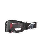 Lunettes Alpinestars Supertech Corp, lunettes de motocross, noires avec intérieur rouge, verre transparent, sangle noire avec grand logo étoile blanc, marquage « ONE GOAL. ONE VISION. », protection oculaire haute performance pour le tout-terrain