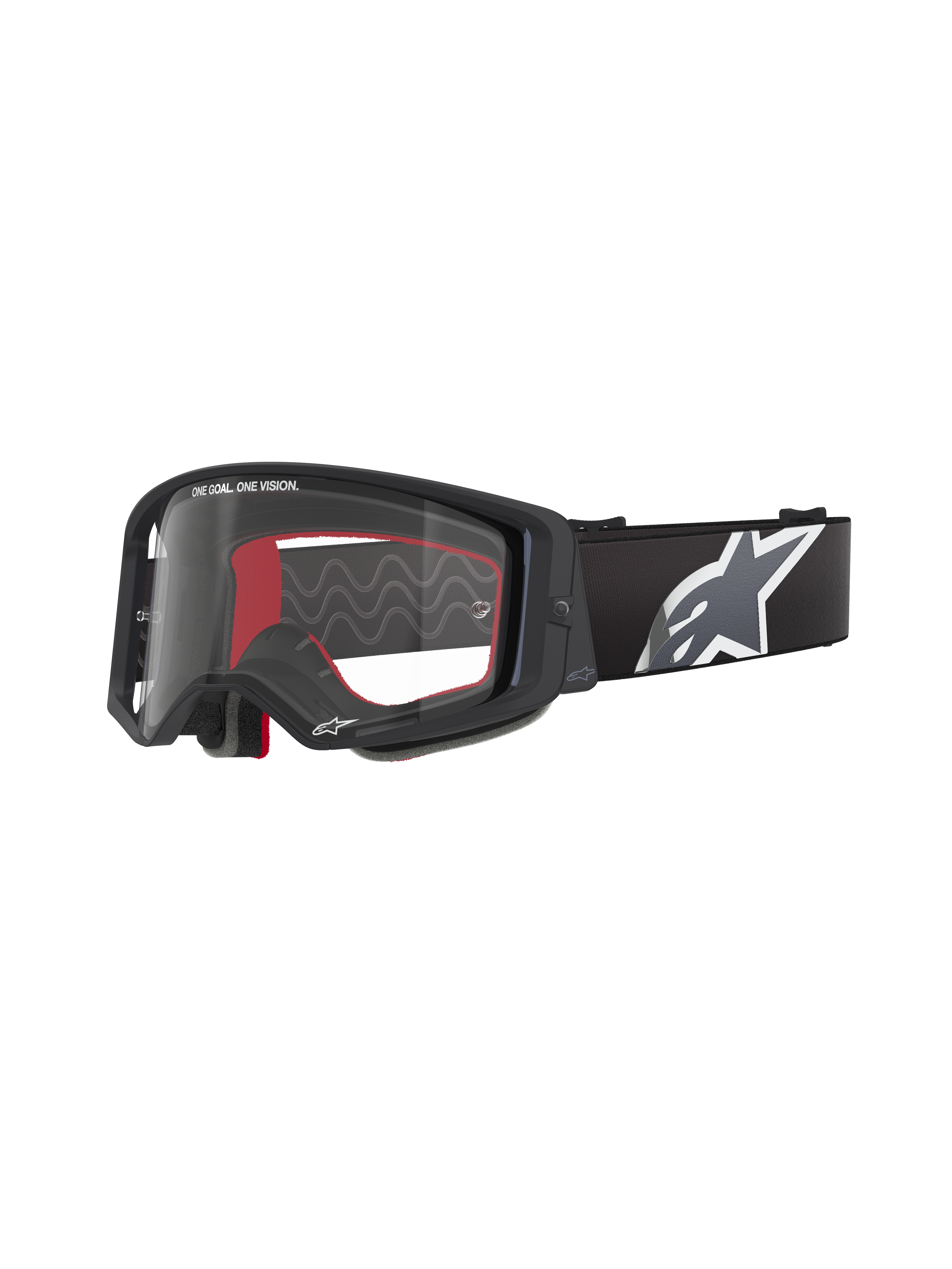 Lunettes Alpinestars Supertech Corp, lunettes de motocross, noires avec intérieur rouge, verre transparent, sangle noire avec grand logo étoile blanc, marquage « ONE GOAL. ONE VISION. », protection oculaire haute performance pour le tout-terrain