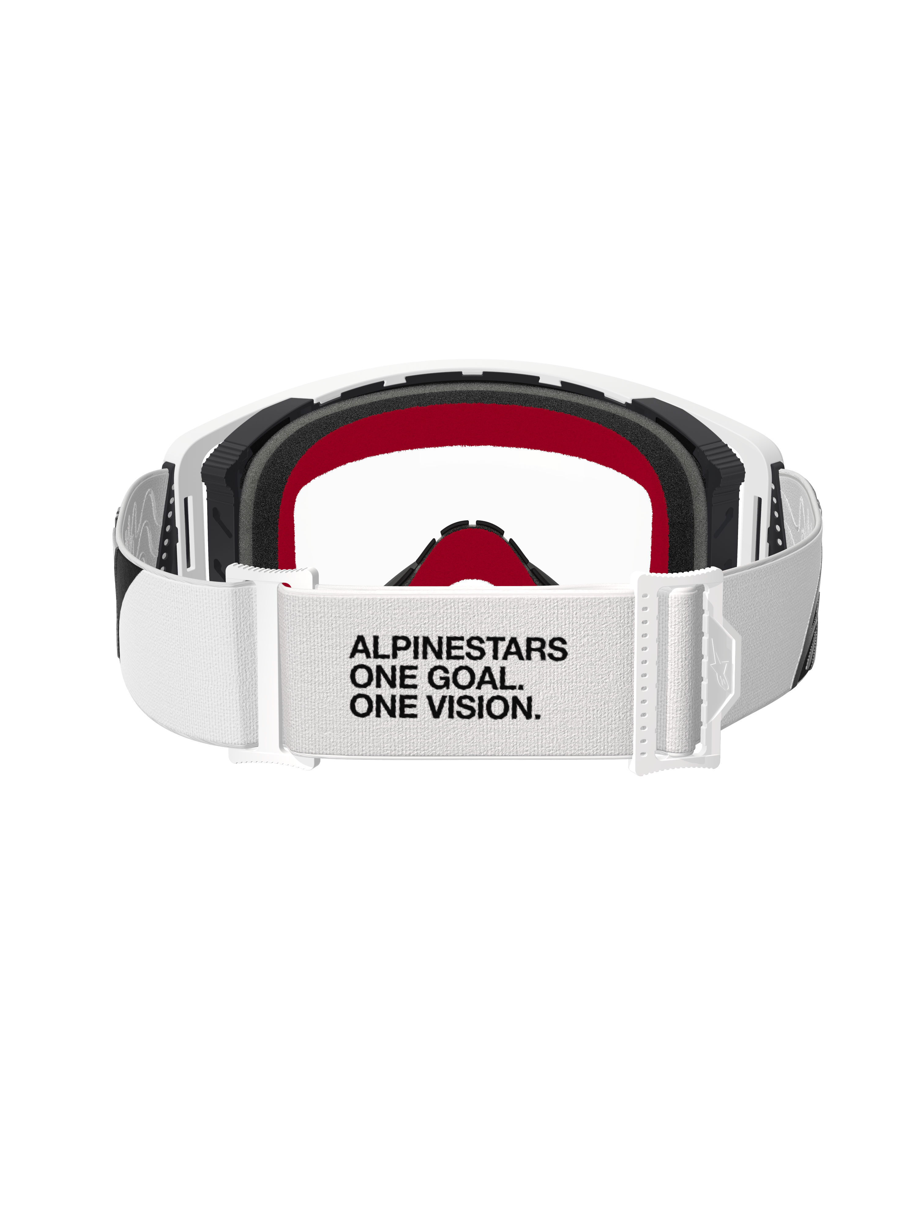 Masque de motocross Alpinestars Supertech Corp, monture blanche avec écran clair, vue arrière avec bandeau réglable blanc et texte noir « ALPINESTARS ONE GOAL. ONE VISION. », mousse noire avec accents rouges, protection oculaire tout-terrain haute performance