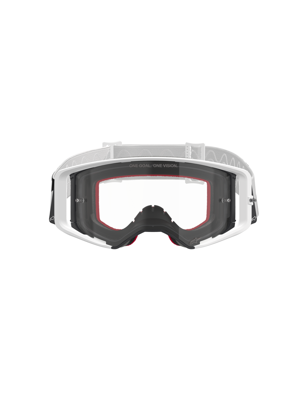 Lunettes Alpinestars Supertech Corp, masque de motocross, blanc avec écran transparent, bandeau réglable blanc et gris clair, avec l'inscription « ONE GOAL. ONE VISION. » sur l'écran, accents rouges sur la mousse faciale, équipement de protection haute performance pour la course tout-terrain