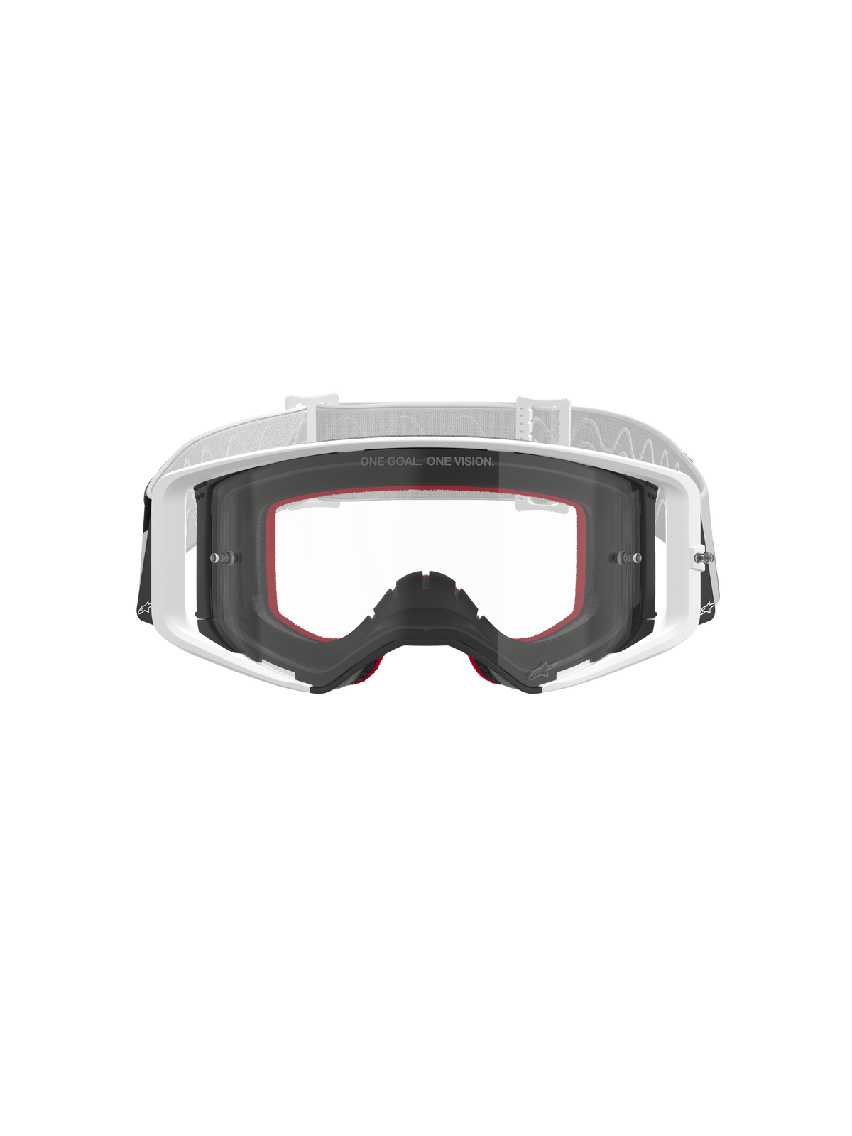 Lunettes Alpinestars Supertech Corp, masque de motocross, blanc avec écran transparent, bandeau réglable blanc et gris clair, avec l'inscription « ONE GOAL. ONE VISION. » sur l'écran, accents rouges sur la mousse faciale, équipement de protection haute performance pour la course tout-terrain