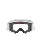 Lunettes Alpinestars Supertech Corp, masque de motocross, blanc avec écran transparent, bandeau réglable blanc et gris clair, avec l'inscription « ONE GOAL. ONE VISION. » sur l'écran, accents rouges sur la mousse faciale, équipement de protection haute performance pour la course tout-terrain