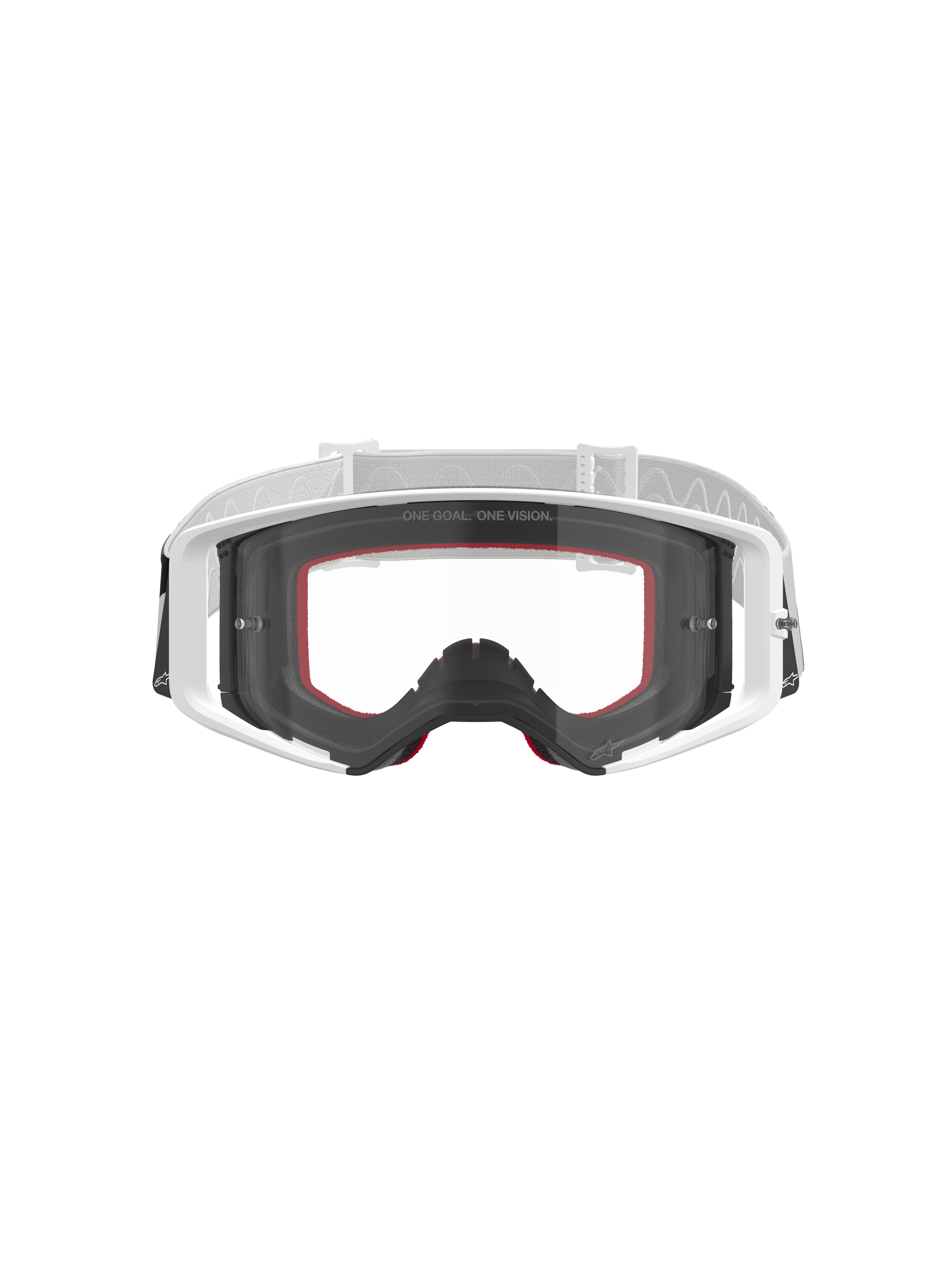 Lunettes Alpinestars Supertech Corp, masque de motocross, blanc avec écran transparent, bandeau réglable blanc et gris clair, avec l'inscription « ONE GOAL. ONE VISION. » sur l'écran, accents rouges sur la mousse faciale, équipement de protection haute performance pour la course tout-terrain