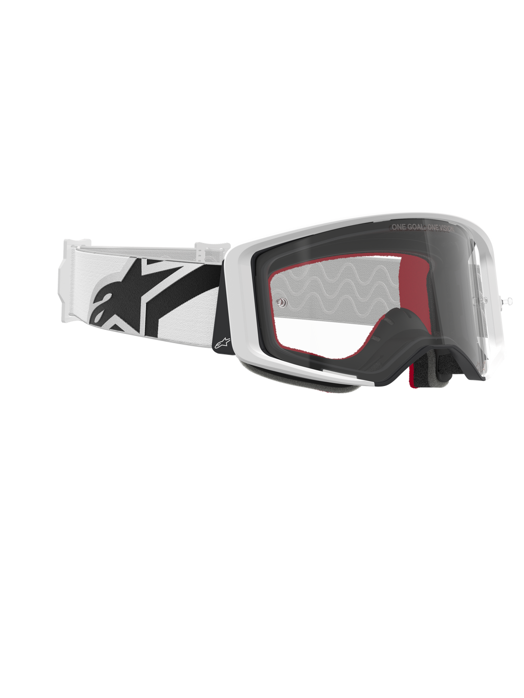 Masque Alpinestars Supertech Corp, lunettes de motocross, blanc et transparent, bandeau blanc avec large logo Alpinestars noir, écran injecté transparent, monture blanche à double injection, lunettes de performance pour les courses tout-terrain