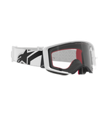 Masque Alpinestars Supertech Corp, lunettes de motocross, blanc et transparent, bandeau blanc avec large logo Alpinestars noir, écran injecté transparent, monture blanche à double injection, lunettes de performance pour les courses tout-terrain