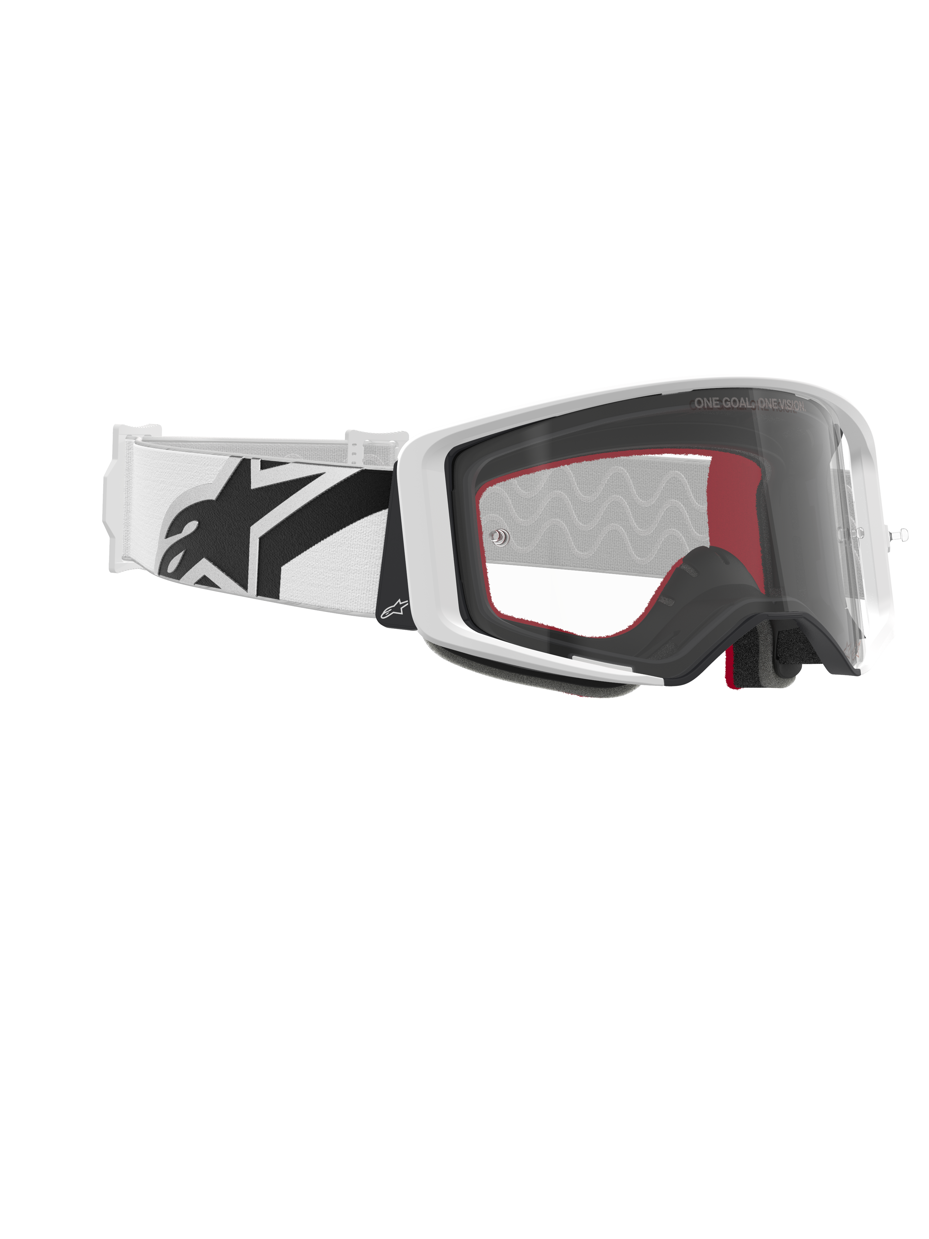 Masque Alpinestars Supertech Corp, lunettes de motocross, blanc et transparent, bandeau blanc avec large logo Alpinestars noir, écran injecté transparent, monture blanche à double injection, lunettes de performance pour les courses tout-terrain