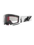Lunettes Alpinestars Supertech Corp, lunettes de motocross, blanc et transparent, monture blanche avec écran en polycarbonate transparent, bandeau blanc avec logo Alpinestars noir proéminent, mousse faciale multicouche rouge et noire