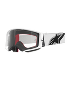 Lunettes Alpinestars Supertech Corp, lunettes de motocross, blanc et transparent, monture blanche avec écran en polycarbonate transparent, bandeau blanc avec logo Alpinestars noir proéminent, mousse faciale multicouche rouge et noire