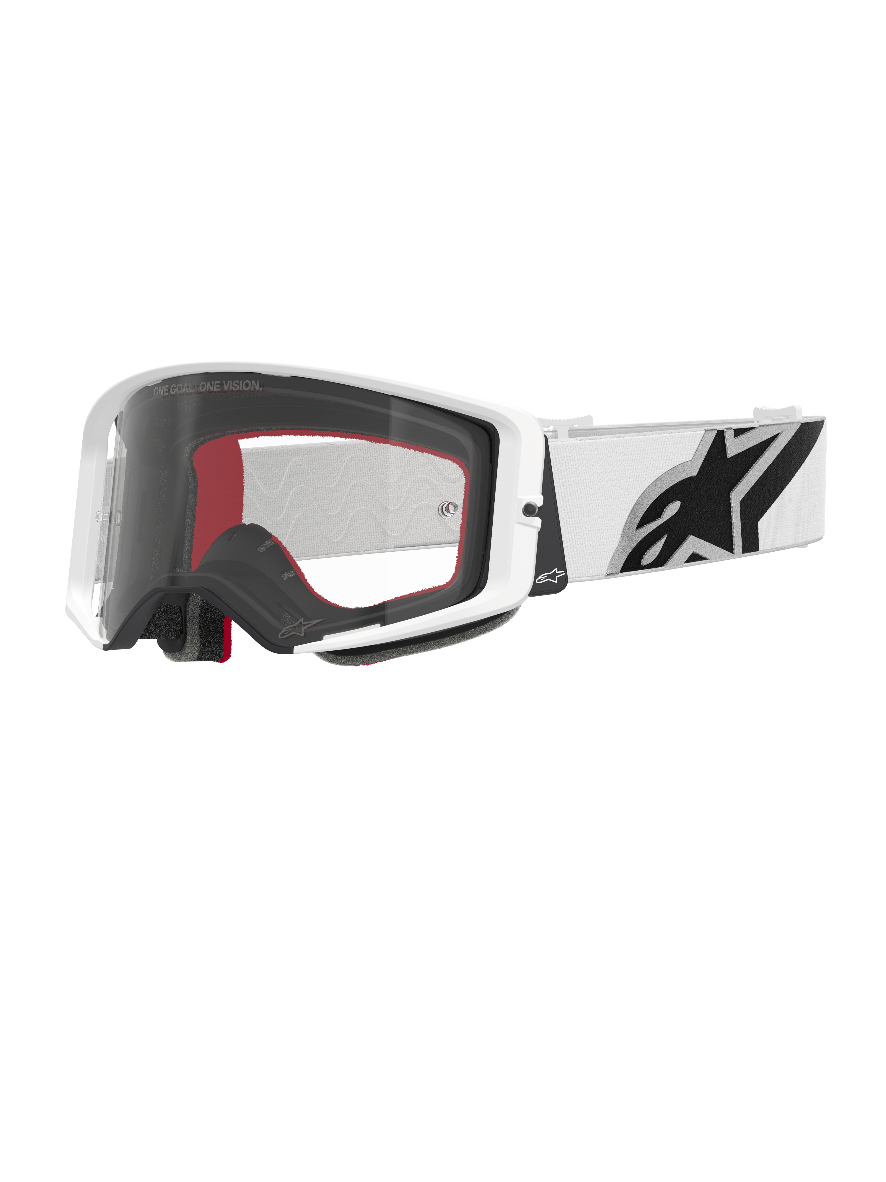 Lunettes Alpinestars Supertech Corp, lunettes de motocross, blanc et transparent, monture blanche avec écran en polycarbonate transparent, bandeau blanc avec logo Alpinestars noir proéminent, mousse faciale multicouche rouge et noire