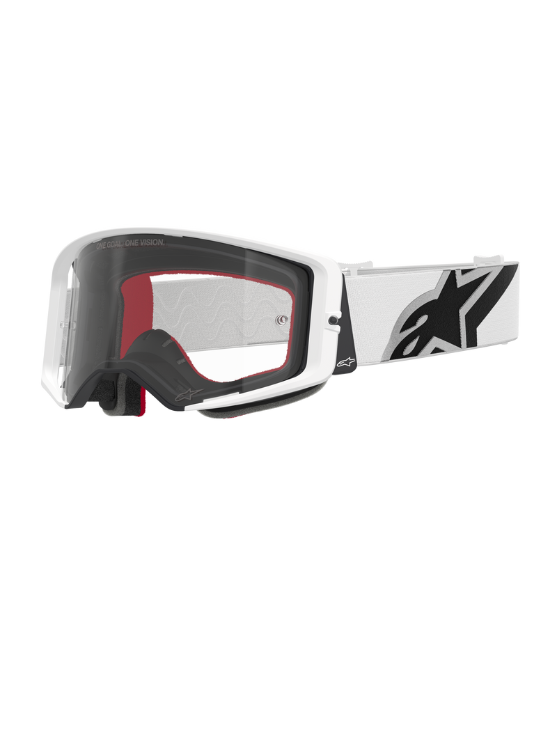 Lunettes Alpinestars Supertech Corp, lunettes de motocross, blanc et transparent, monture blanche avec écran en polycarbonate transparent, bandeau blanc avec logo Alpinestars noir proéminent, mousse faciale multicouche rouge et noire