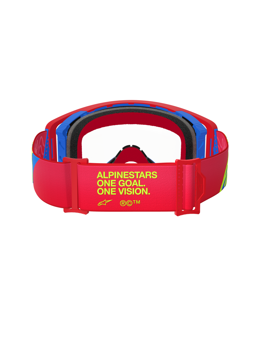 Masque Alpinestars Supertech Corp, rouge et bleu, vue arrière montrant le bandeau avec le texte jaune 'ALPINESTARS ONE GOAL. ONE VISION.', mousse faciale noire, masque de motocross tout-terrain