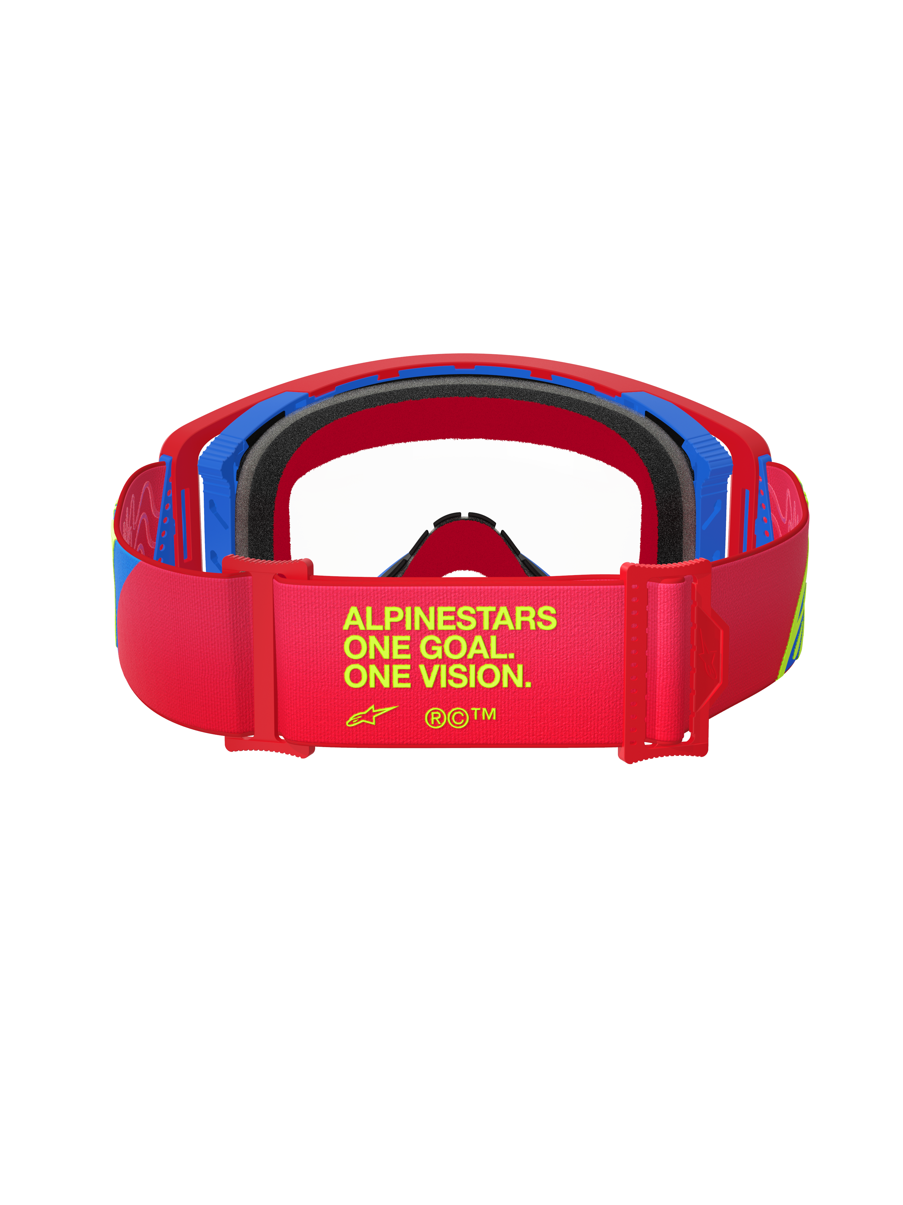 Masque Alpinestars Supertech Corp, rouge et bleu, vue arrière montrant le bandeau avec le texte jaune 'ALPINESTARS ONE GOAL. ONE VISION.', mousse faciale noire, masque de motocross tout-terrain