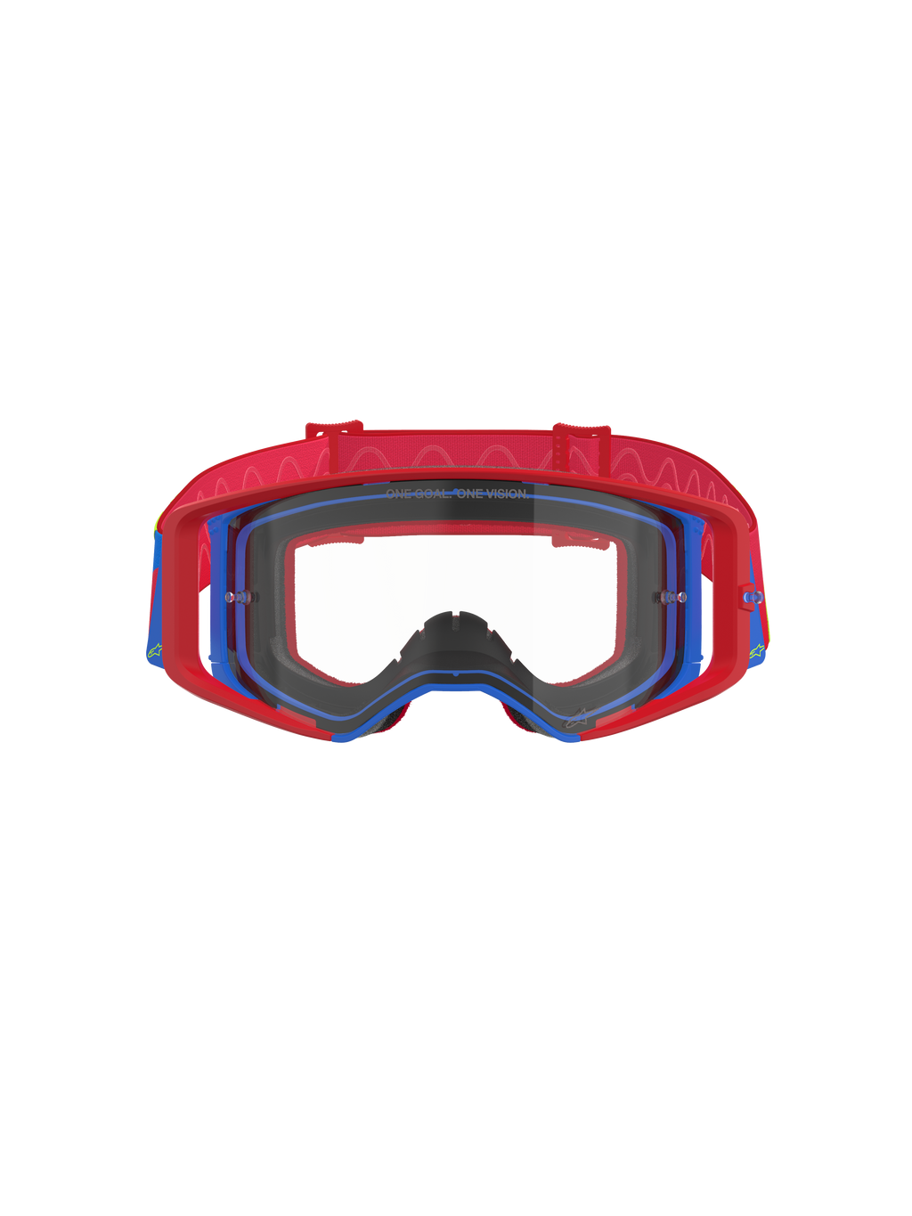 Masque Alpinestars Supertech Corp, lunettes de motocross, rouge et bleu avec écran clair, monture extérieure rouge et monture intérieure bleue, bandeau rouge avec motif silicone ondulé, lunettes de performance pour le tout-terrain