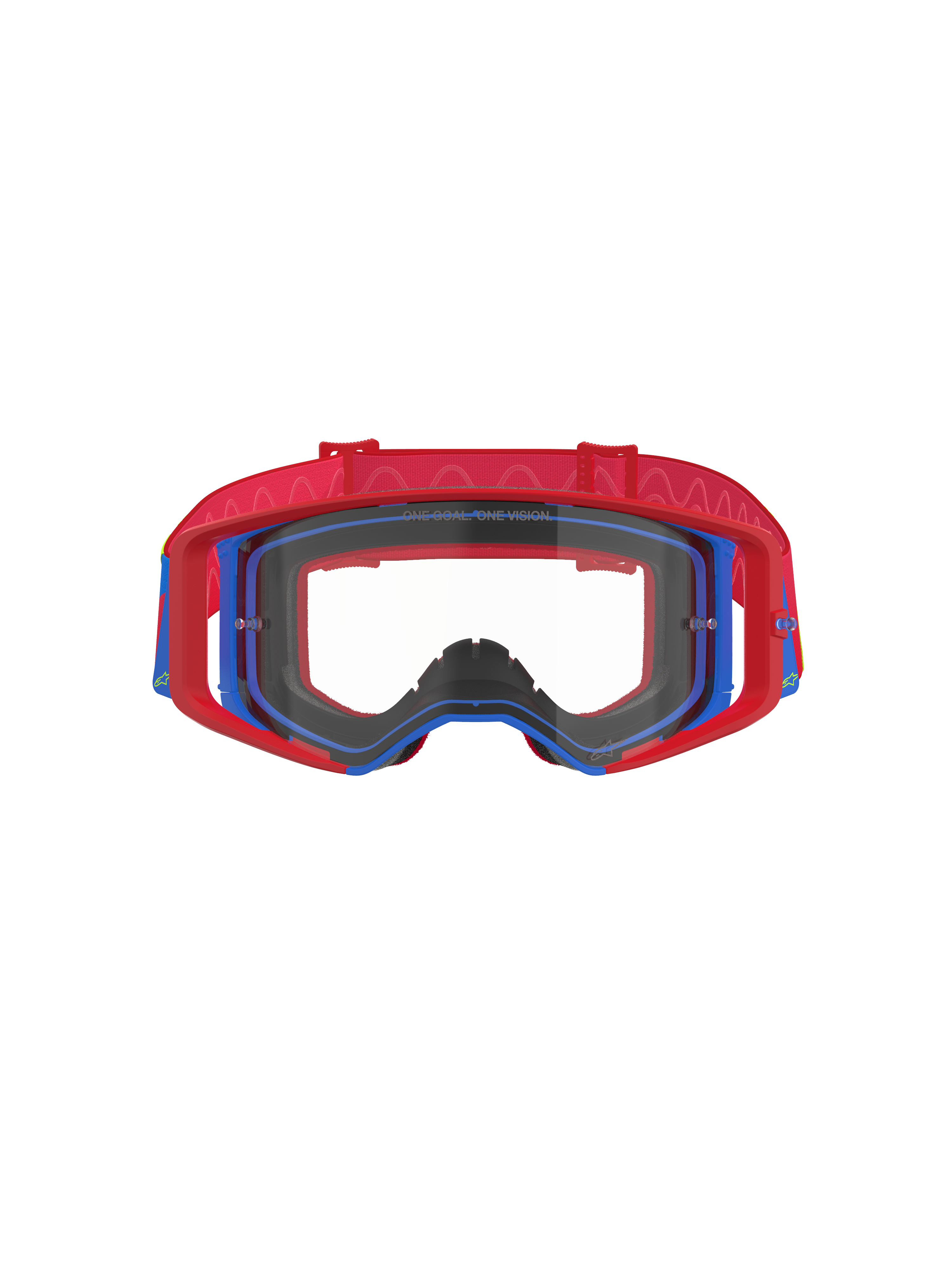 Masque Alpinestars Supertech Corp, lunettes de motocross, rouge et bleu avec écran clair, monture extérieure rouge et monture intérieure bleue, bandeau rouge avec motif silicone ondulé, lunettes de performance pour le tout-terrain