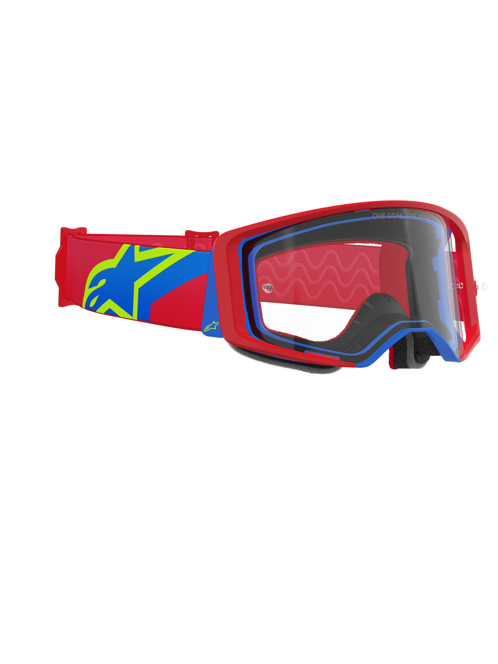 Masque Alpinestars Supertech Corp, masque de motocross, monture rouge et bleue avec écran clair, bandeau rouge et bleu arborant un grand logo étoile jaune et bleu, protection oculaire professionnelle pour la course tout-terrain