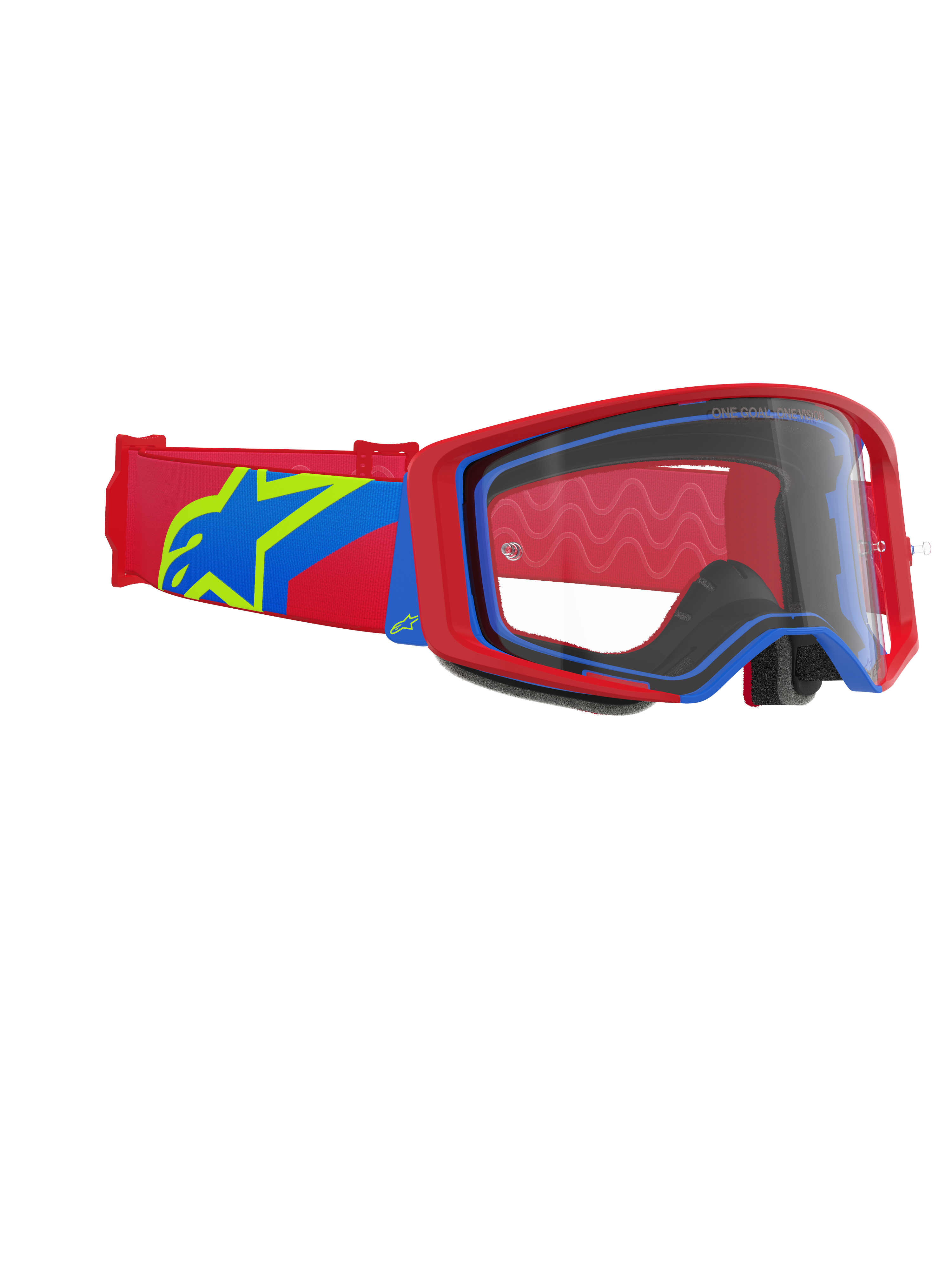 Masque Alpinestars Supertech Corp, masque de motocross, monture rouge et bleue avec écran clair, bandeau rouge et bleu arborant un grand logo étoile jaune et bleu, protection oculaire professionnelle pour la course tout-terrain
