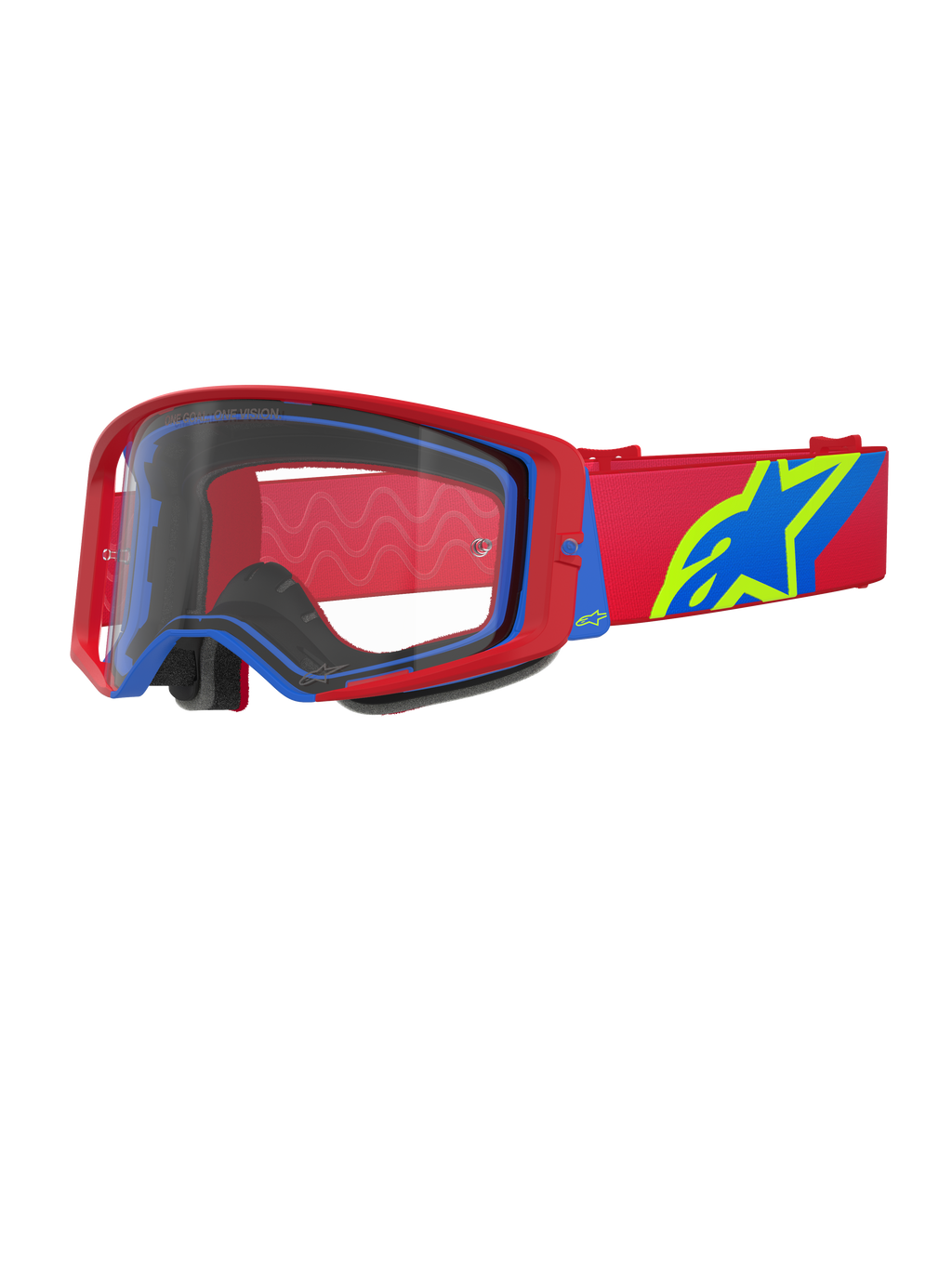 Masque Alpinestars Supertech Corp, masque de motocross, rouge et bleu avec écran transparent, doté d'un bandeau réglable rouge avec un grand logo étoile bleu et vert citron, mousse faciale multicouche pour le confort, protection oculaire haute performance pour la course tout-terrain