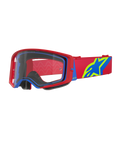Masque Alpinestars Supertech Corp, masque de motocross, rouge et bleu avec écran transparent, doté d'un bandeau réglable rouge avec un grand logo étoile bleu et vert citron, mousse faciale multicouche pour le confort, protection oculaire haute performance pour la course tout-terrain