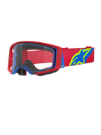 Masque Alpinestars Supertech Corp, masque de motocross, rouge et bleu avec écran transparent, doté d'un bandeau réglable rouge avec un grand logo étoile bleu et vert citron, mousse faciale multicouche pour le confort, protection oculaire haute performance pour la course tout-terrain