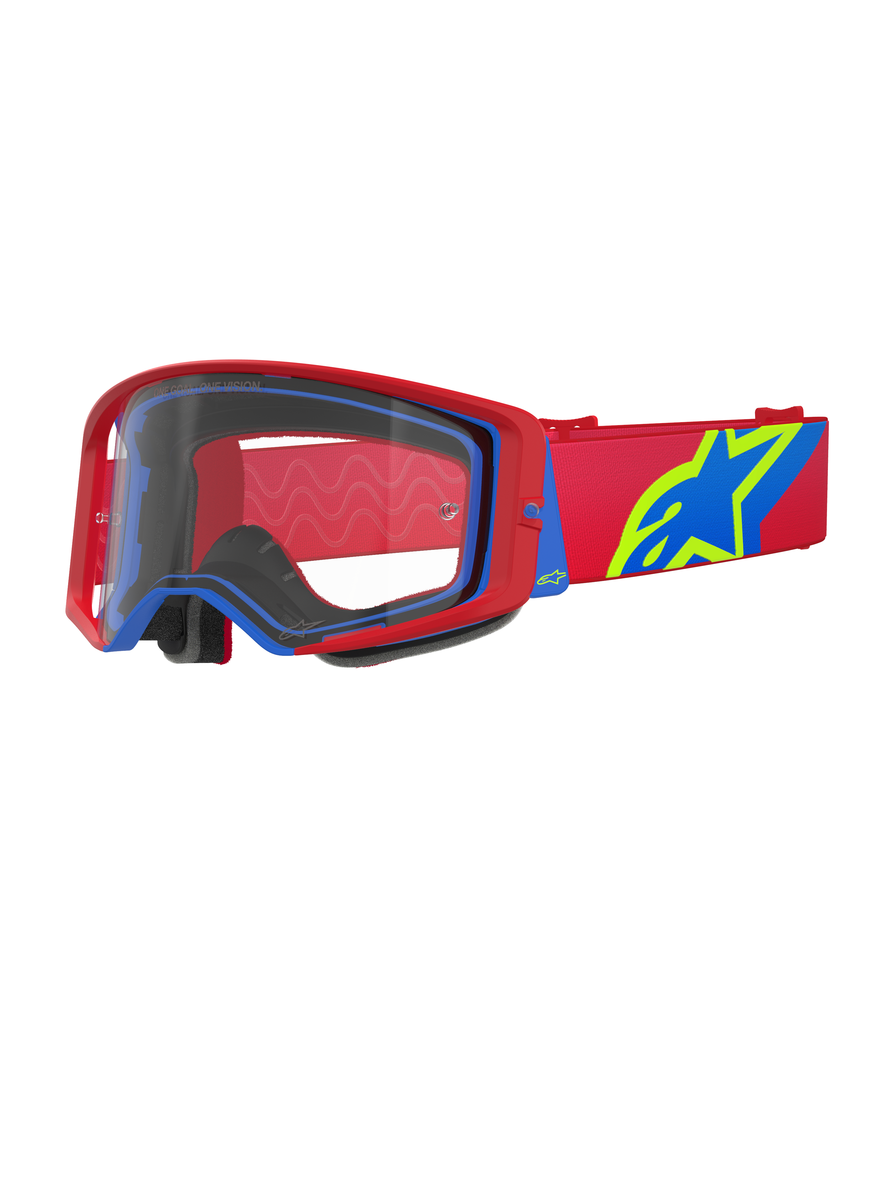 Masque Alpinestars Supertech Corp, masque de motocross, rouge et bleu avec écran transparent, doté d'un bandeau réglable rouge avec un grand logo étoile bleu et vert citron, mousse faciale multicouche pour le confort, protection oculaire haute performance pour la course tout-terrain