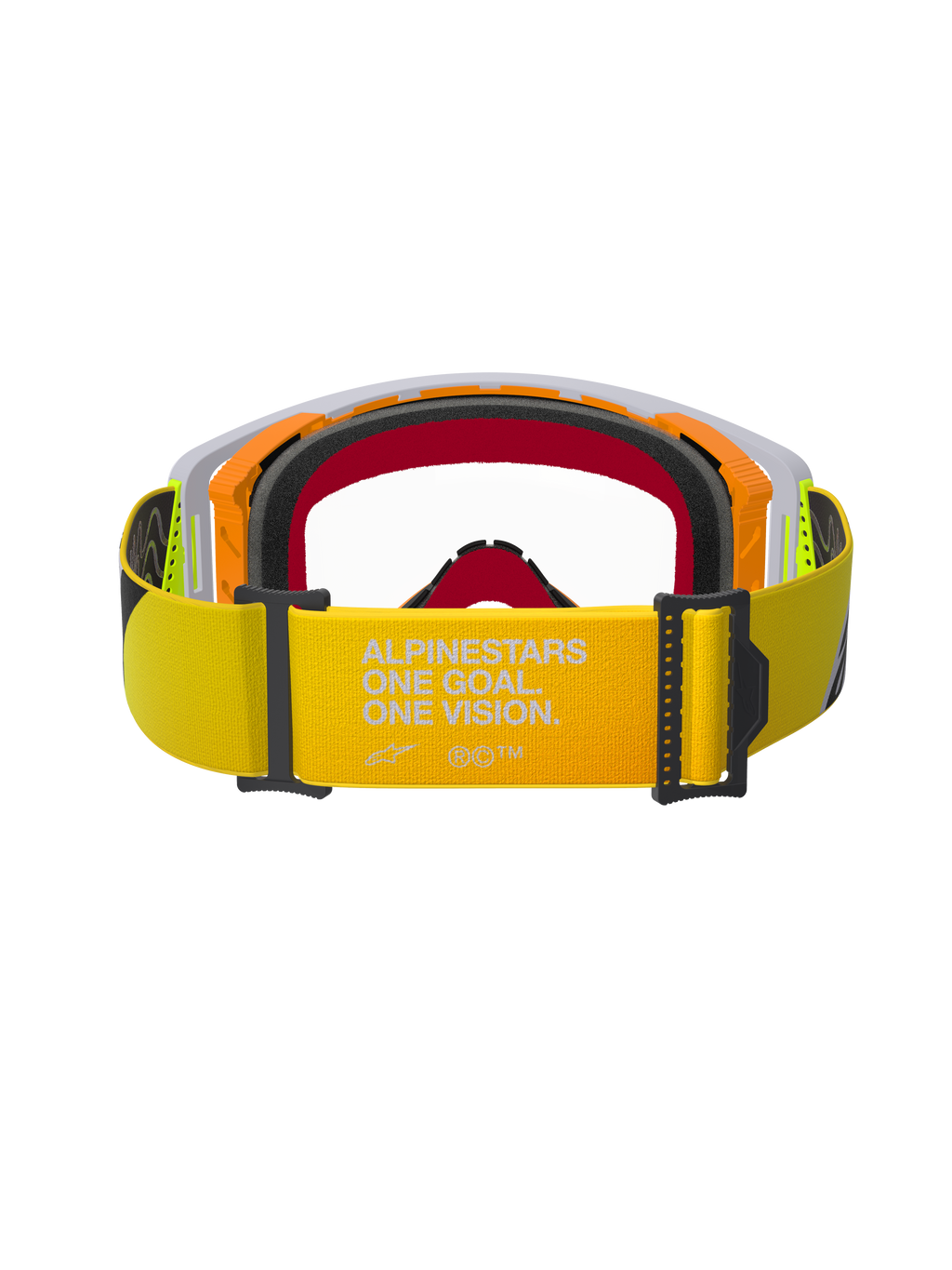 Alpinestars Supertech Corp Goggles, lunettes de motocross, jaune fluo et gris, vue arrière mettant en avant la sangle jaune avec marquage blanc 'ALPINESTARS ONE GOAL. ONE VISION.', mousse faciale multicouche et monture robuste pour la course tout-terrain