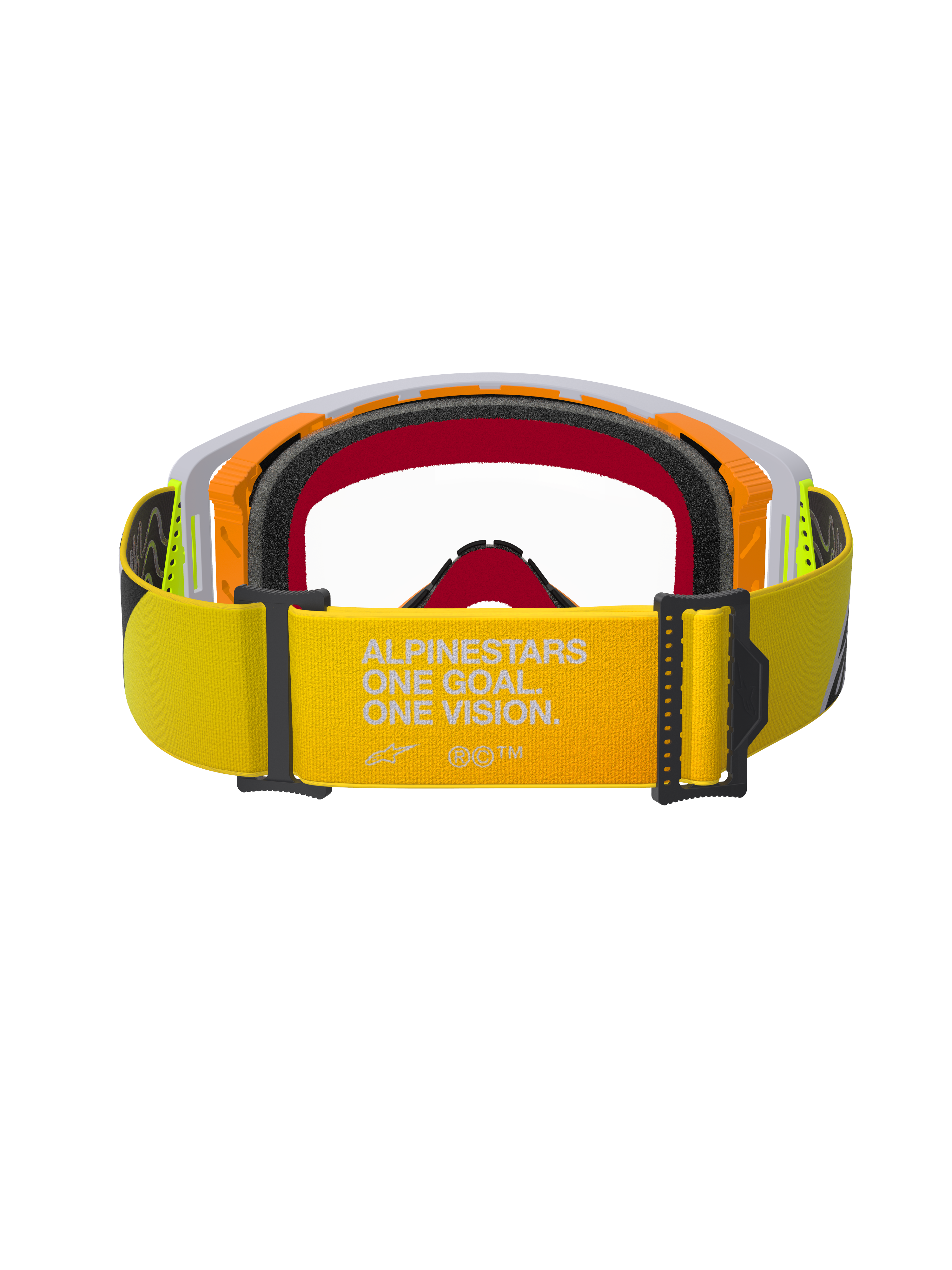 Alpinestars Supertech Corp Goggles, lunettes de motocross, jaune fluo et gris, vue arrière mettant en avant la sangle jaune avec marquage blanc 'ALPINESTARS ONE GOAL. ONE VISION.', mousse faciale multicouche et monture robuste pour la course tout-terrain