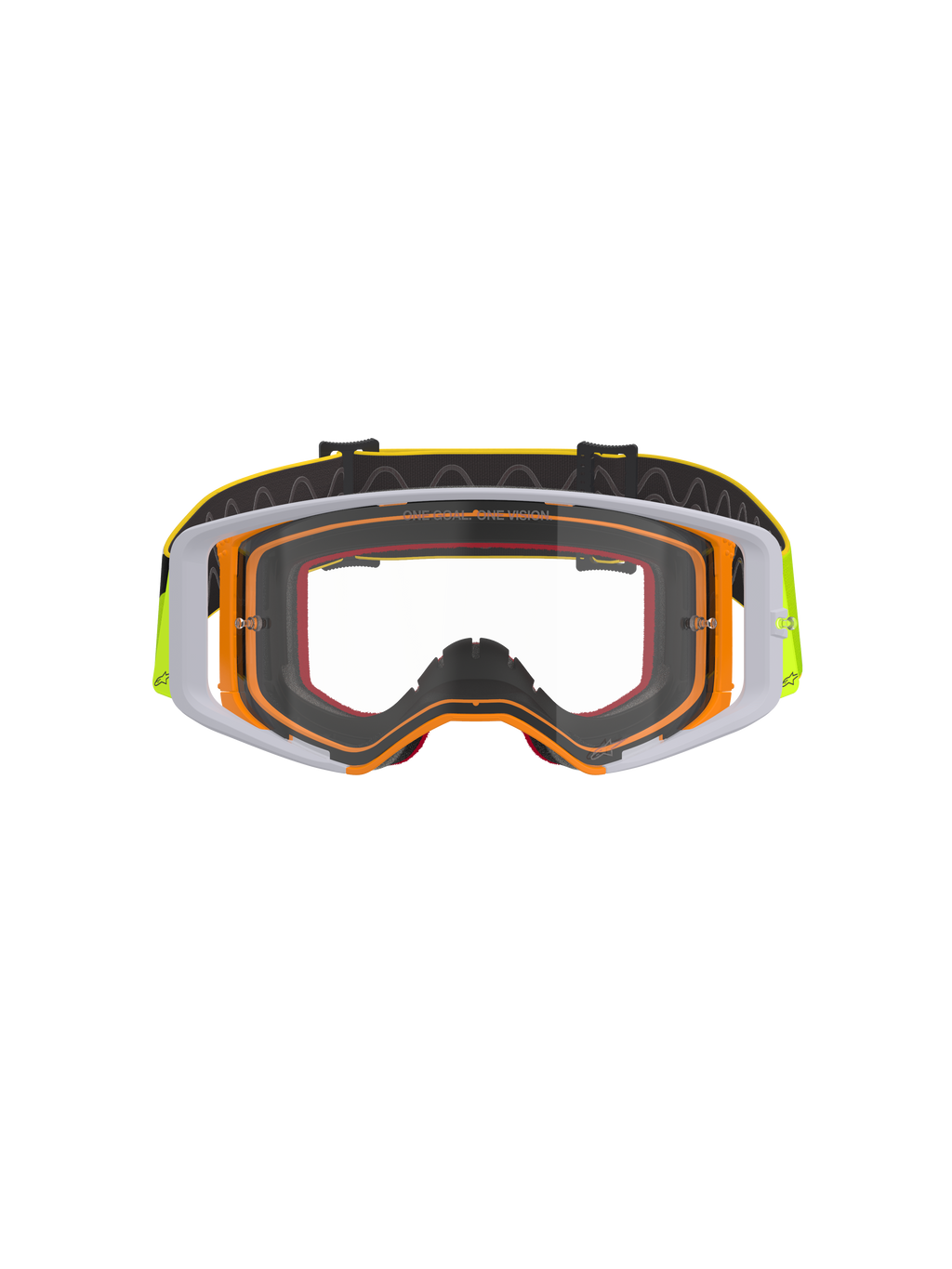 Masque Alpinestars Supertech Corp, masque de motocross, monture jaune fluo et blanche avec écran clair, accents gris, bandeau réglable noir avec logo jaune et grip interne en silicone, lunettes haute performance pour la course tout-terrain