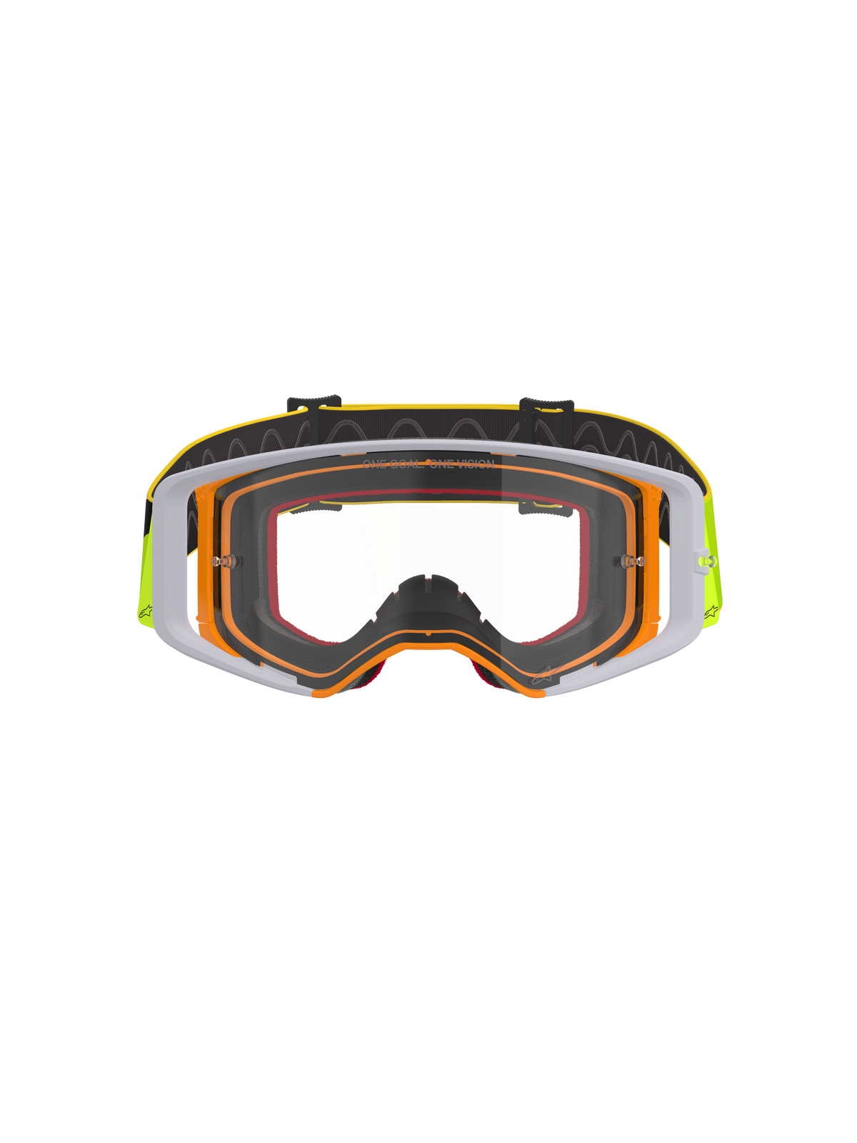 Masque Alpinestars Supertech Corp, masque de motocross, monture jaune fluo et blanche avec écran clair, accents gris, bandeau réglable noir avec logo jaune et grip interne en silicone, lunettes haute performance pour la course tout-terrain
