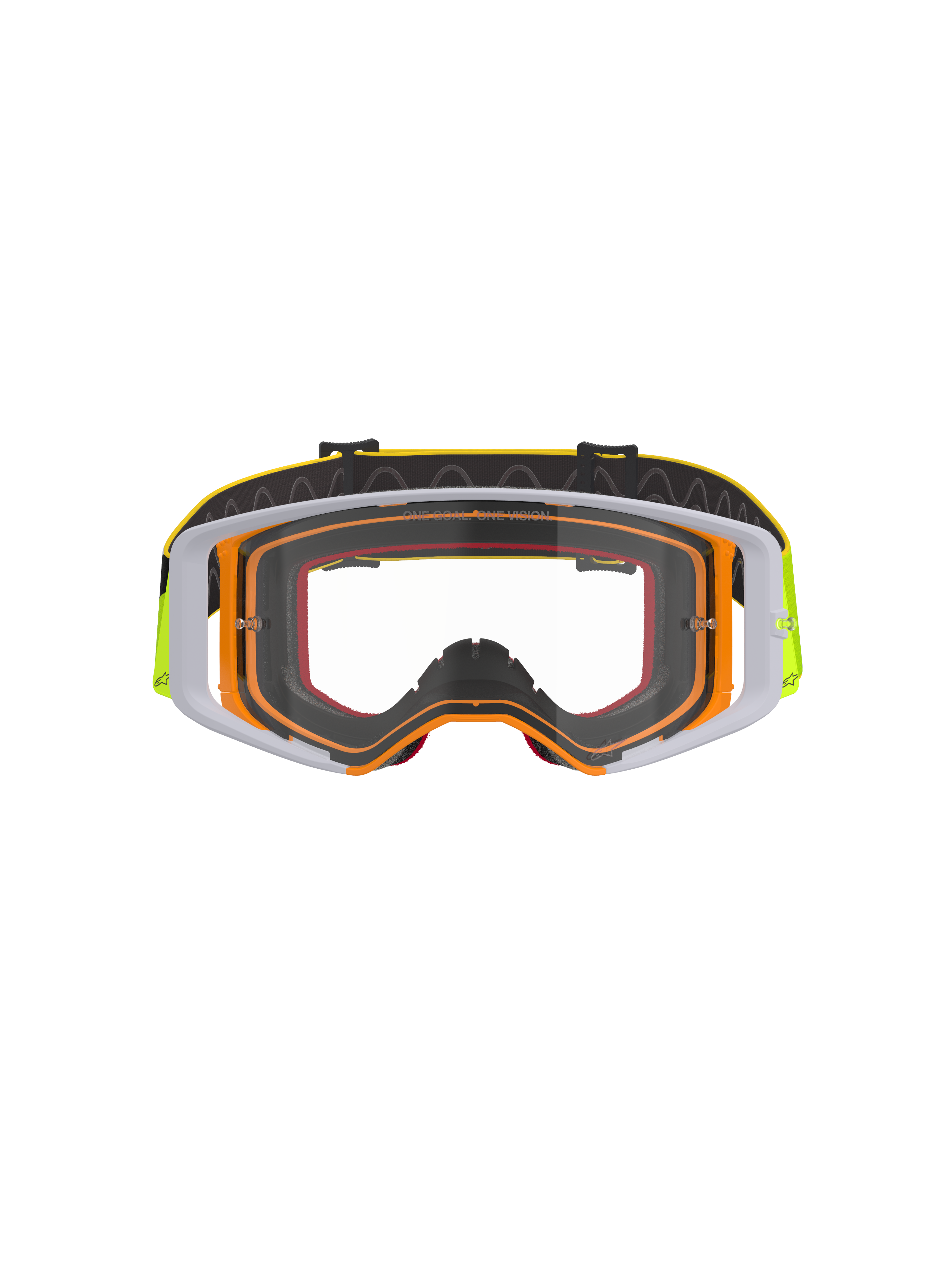 Masque Alpinestars Supertech Corp, masque de motocross, monture jaune fluo et blanche avec écran clair, accents gris, bandeau réglable noir avec logo jaune et grip interne en silicone, lunettes haute performance pour la course tout-terrain