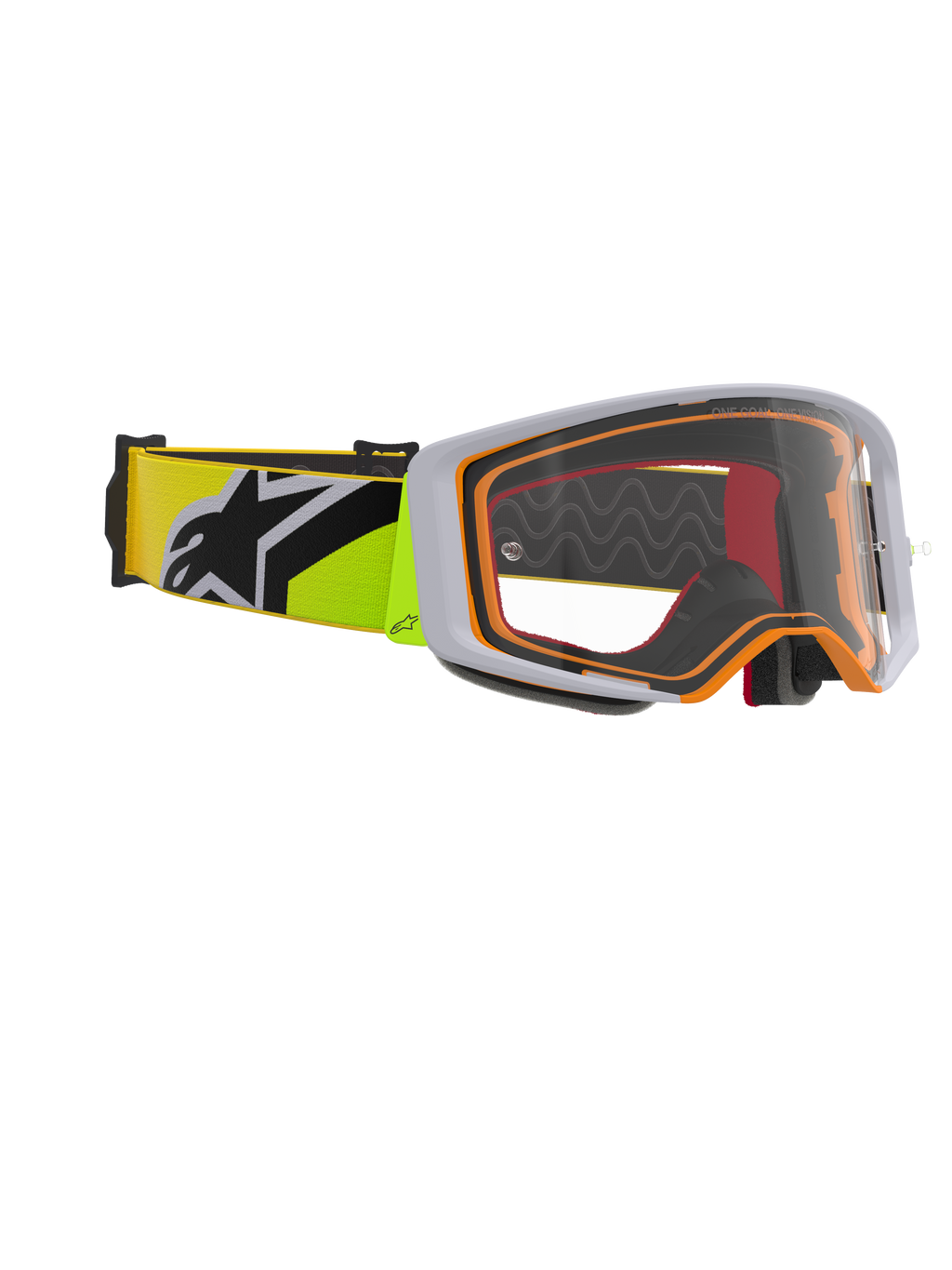 Masque Alpinestars Supertech Corp, masque de motocross, jaune fluo et gris, écran clair avec accents orange sur la monture, bandeau jaune fluo avec logo Alpinestars noir, pour la course tout-terrain.