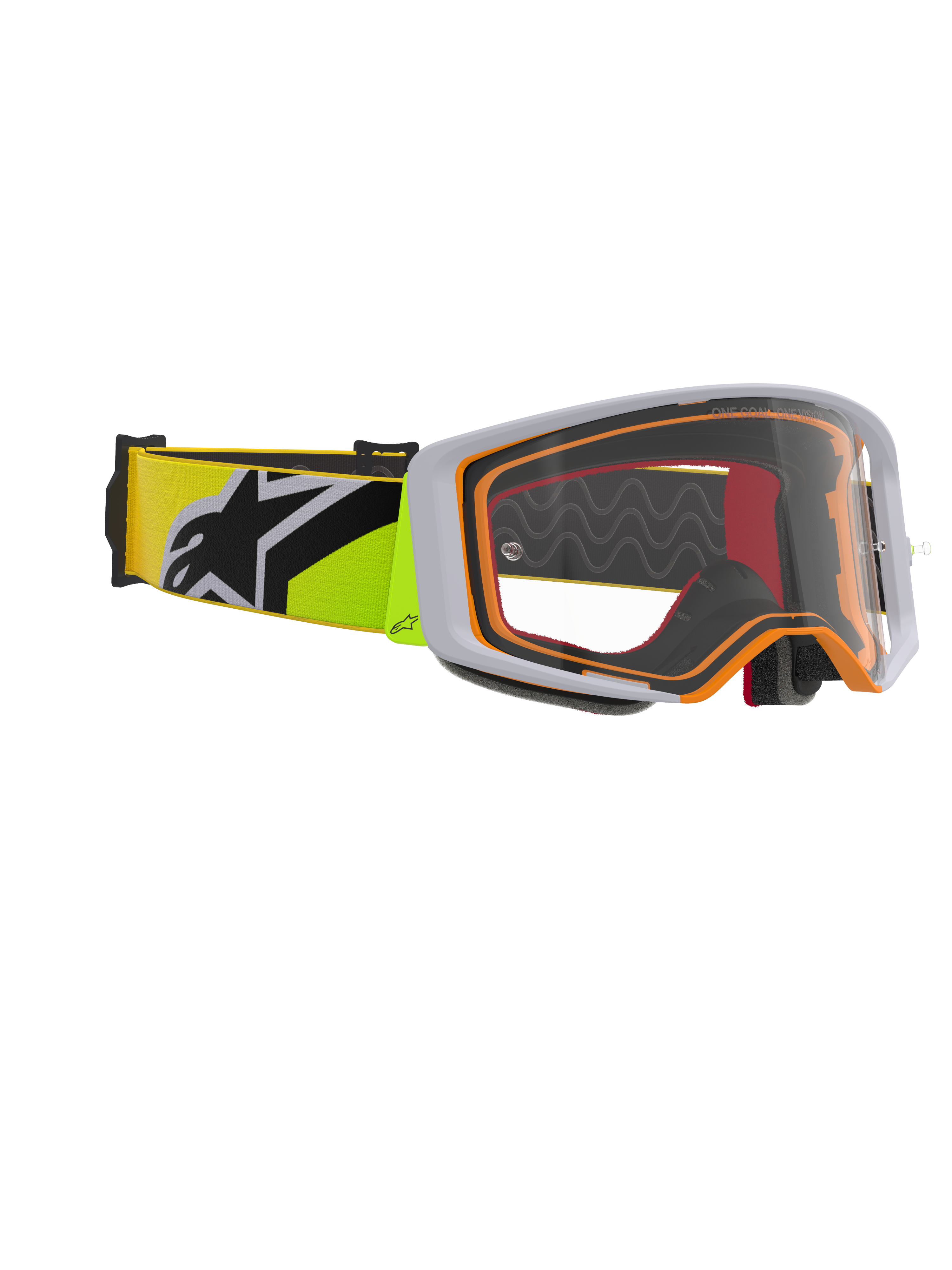 Masque Alpinestars Supertech Corp, masque de motocross, jaune fluo et gris, écran clair avec accents orange sur la monture, bandeau jaune fluo avec logo Alpinestars noir, pour la course tout-terrain.