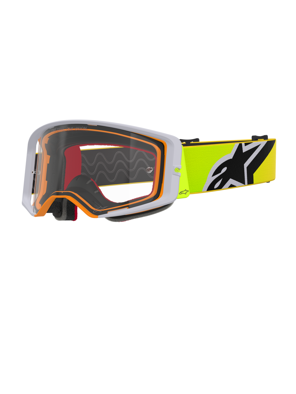 Alpinestars Supertech Corp Goggles, masque de motocross, jaune fluo gris clair, monture extérieure grise avec joint intérieur orange, écran clair, bandeau jaune vif avec logo Alpinestars noir et blanc, lunettes haute performance pour la course tout-terrain