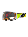 Alpinestars Supertech Corp Goggles, masque de motocross, jaune fluo gris clair, monture extérieure grise avec joint intérieur orange, écran clair, bandeau jaune vif avec logo Alpinestars noir et blanc, lunettes haute performance pour la course tout-terrain