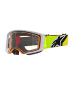 Alpinestars Supertech Corp Goggles, masque de motocross, jaune fluo gris clair, monture extérieure grise avec joint intérieur orange, écran clair, bandeau jaune vif avec logo Alpinestars noir et blanc, lunettes haute performance pour la course tout-terrain