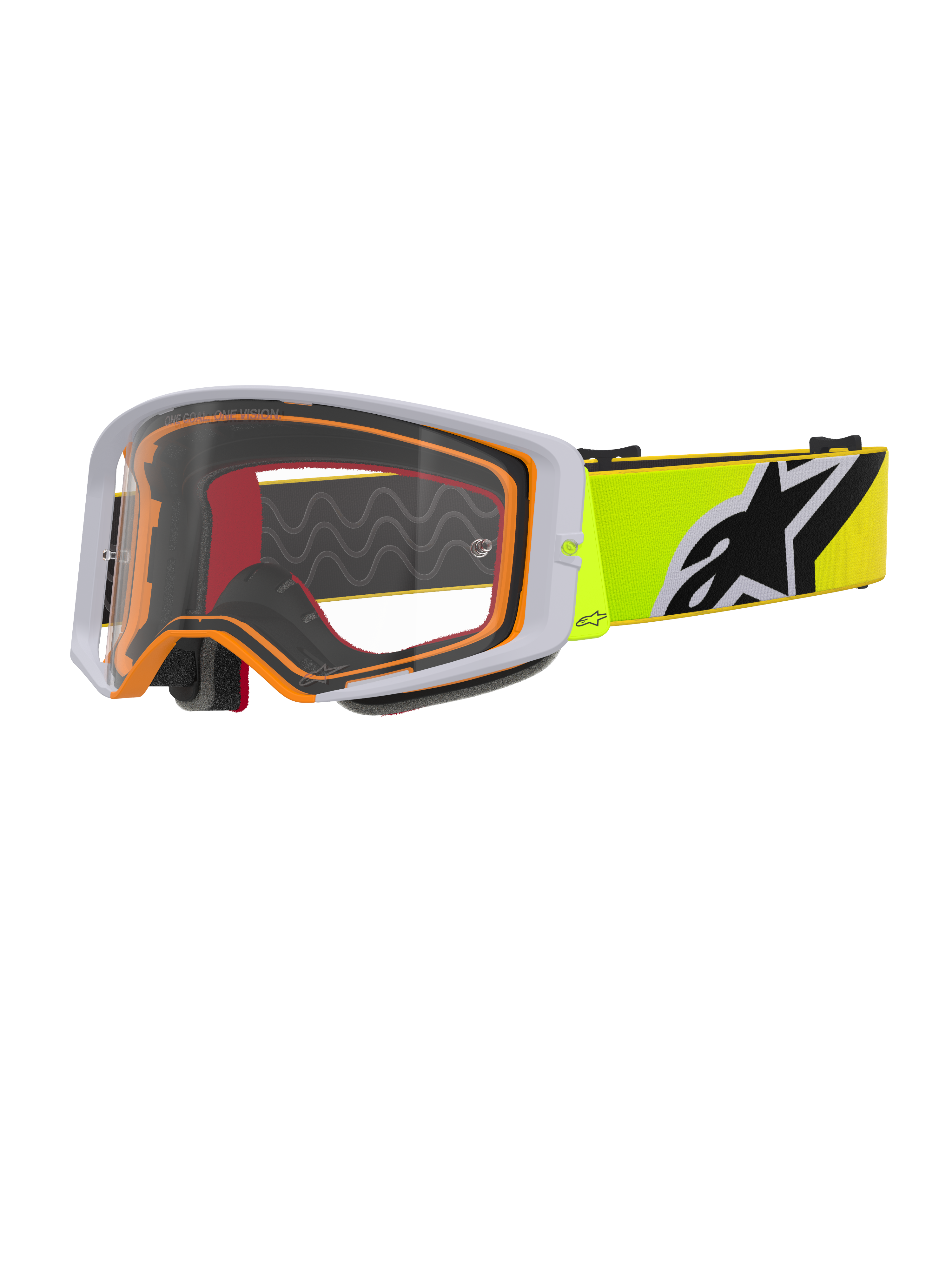 Alpinestars Supertech Corp Goggles, masque de motocross, jaune fluo gris clair, monture extérieure grise avec joint intérieur orange, écran clair, bandeau jaune vif avec logo Alpinestars noir et blanc, lunettes haute performance pour la course tout-terrain